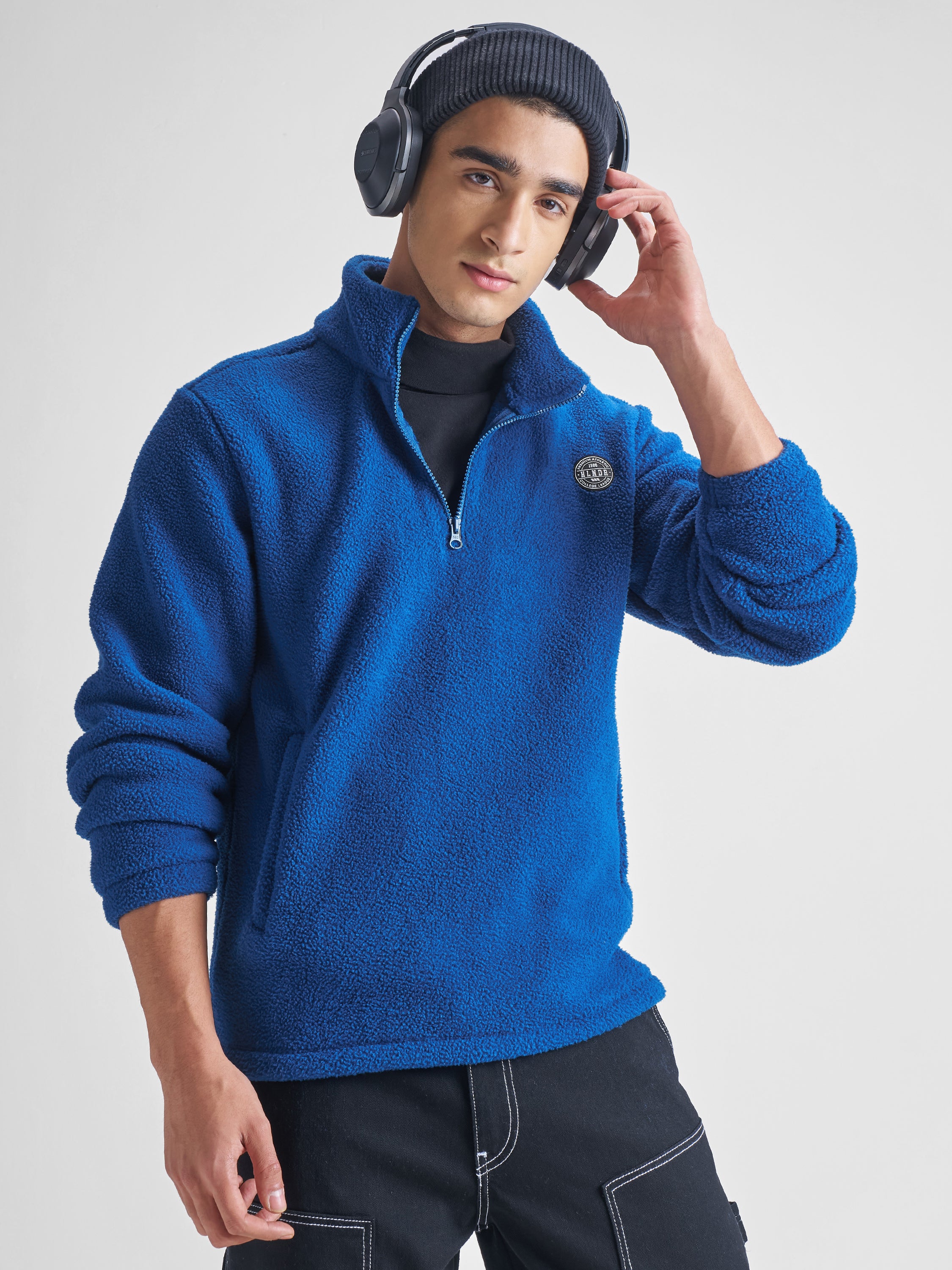 Highlander Men Blue Mock Collar Pullover Sweatshirt - Blue - Image 1