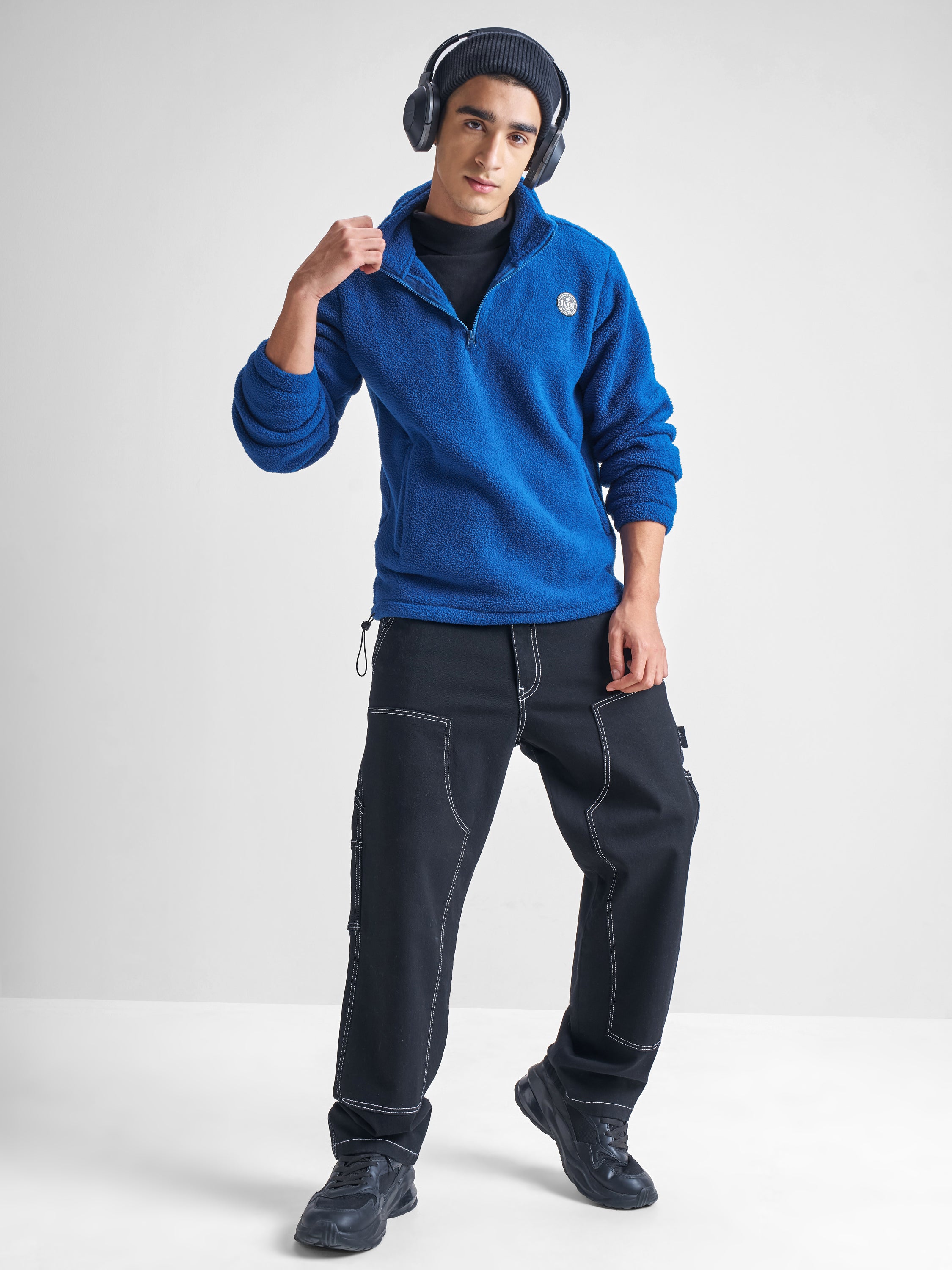 Highlander Men Blue Mock Collar Pullover Sweatshirt - Blue - Image 2