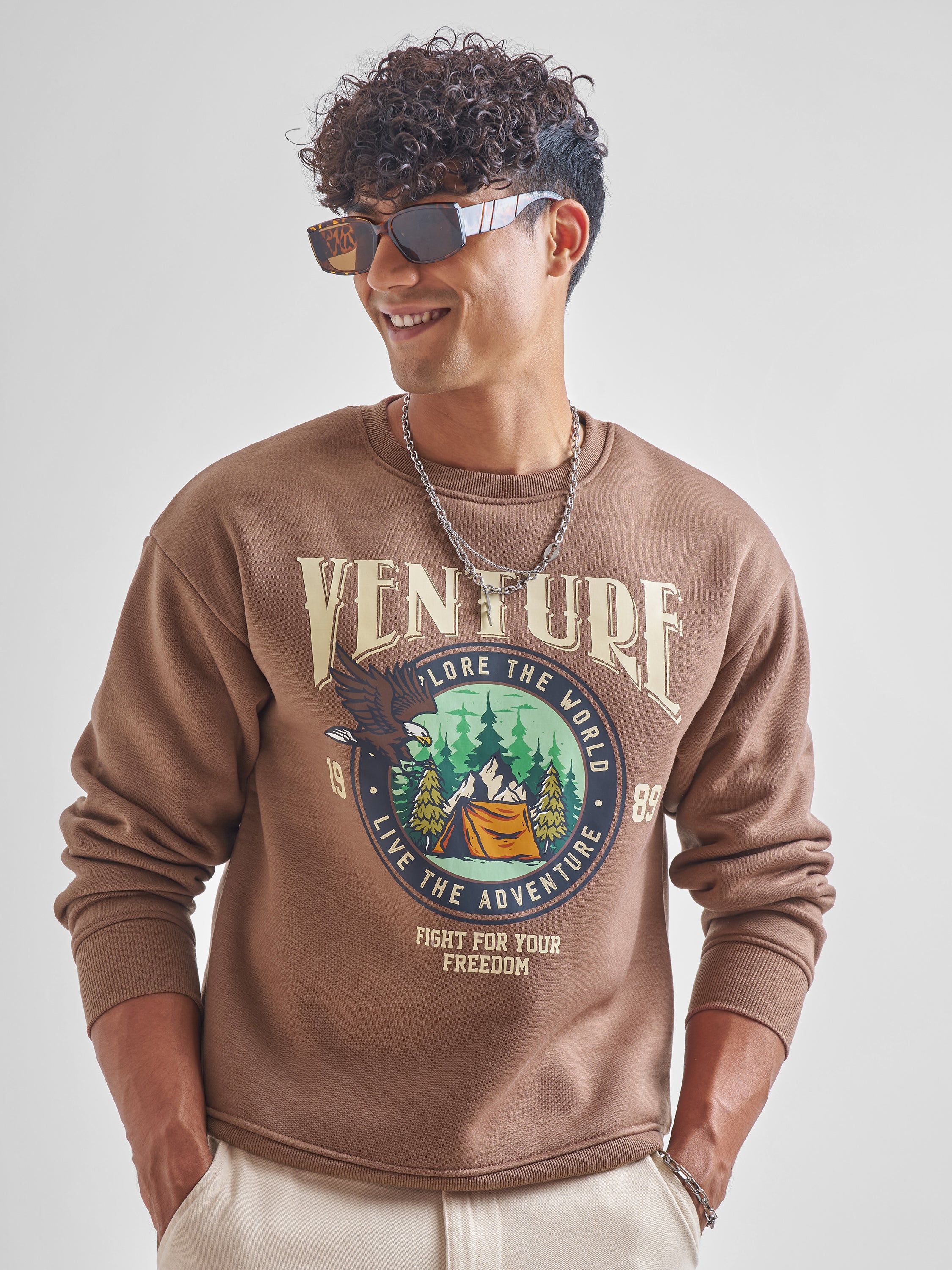 Highlander Men Brown Round Neck Pullover Sweatshirt - Brown - Image 1