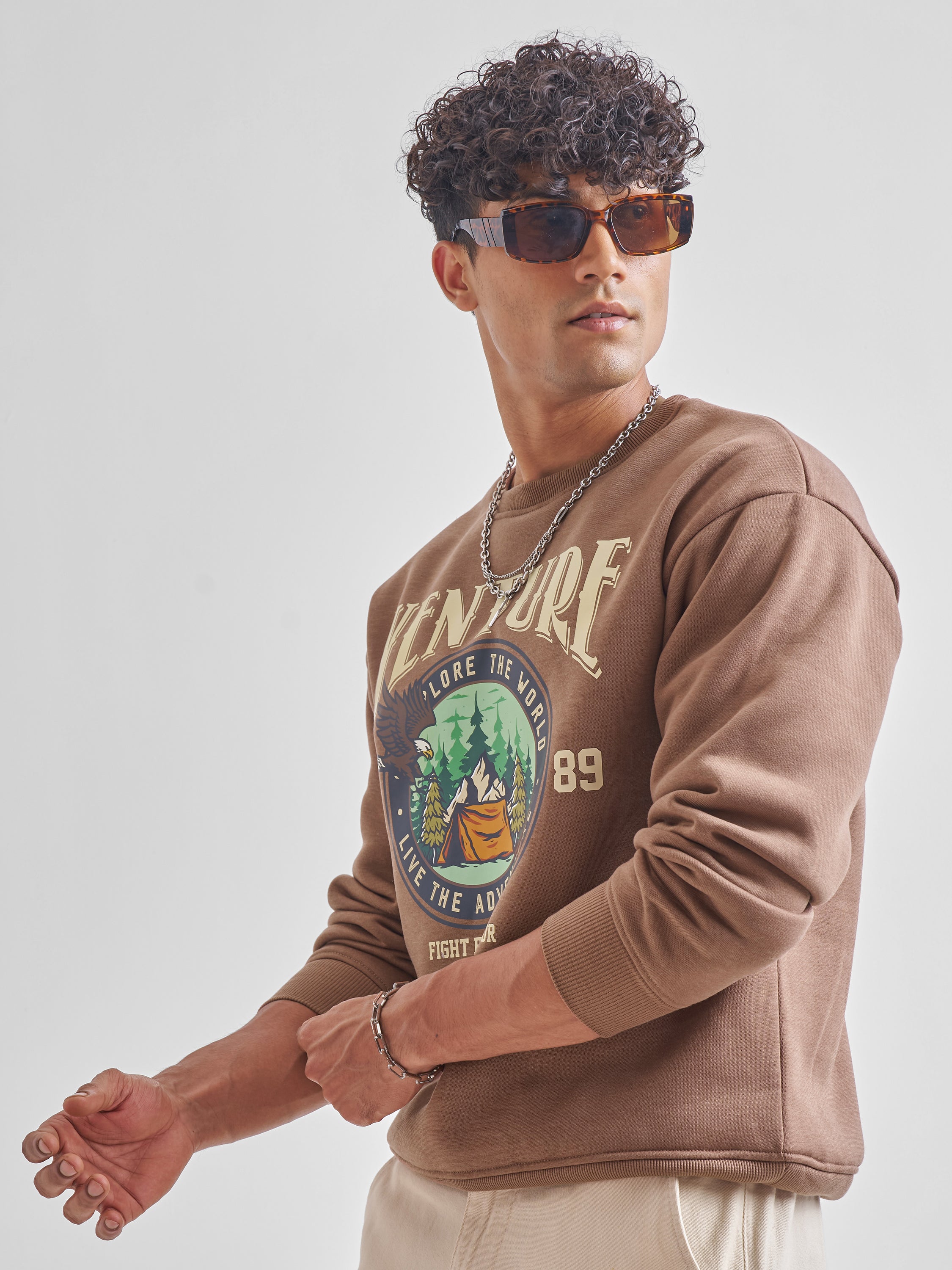Highlander Men Brown Round Neck Pullover Sweatshirt - Brown - Image 4