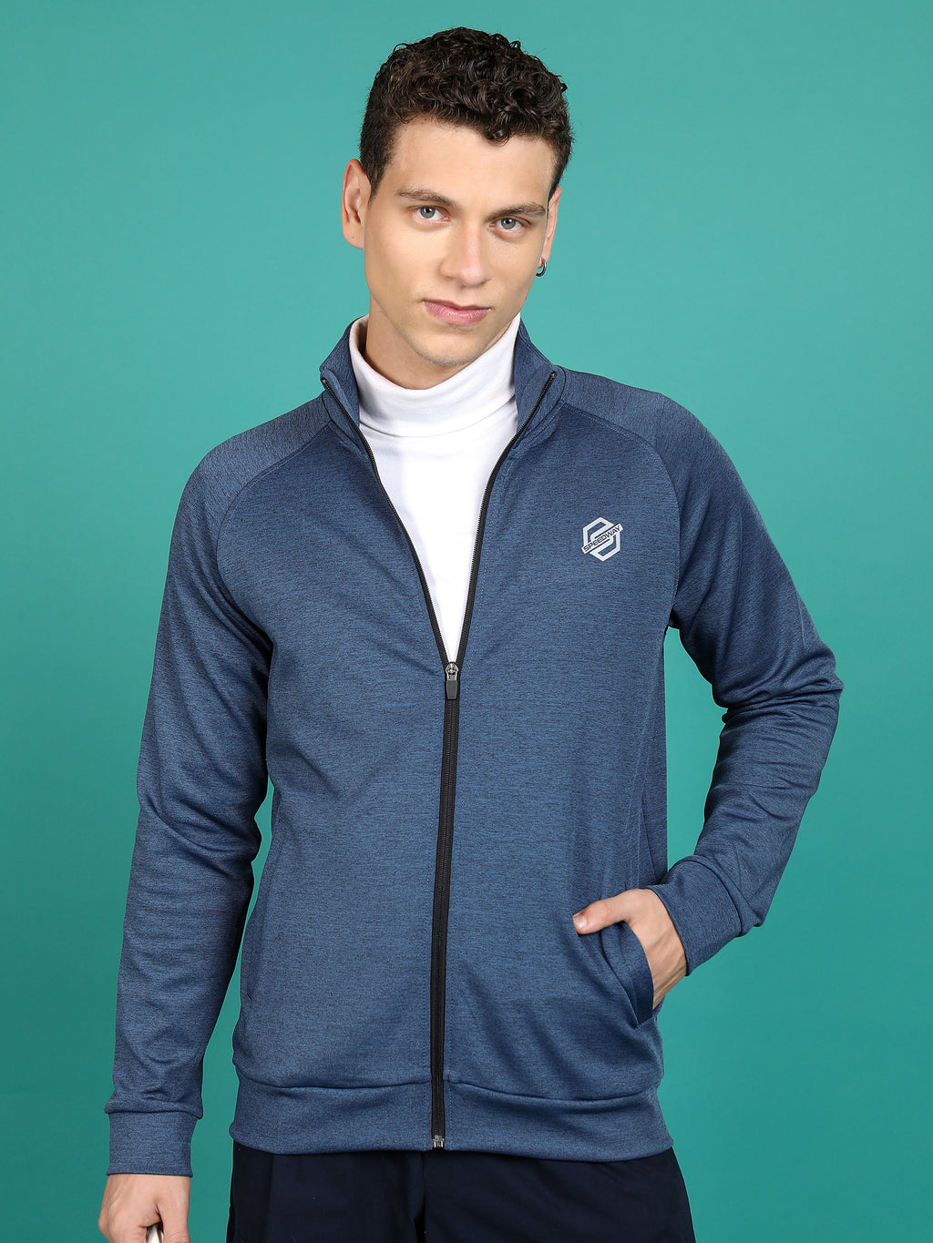 Highlander Men Navy Blue Mock Collar Front-Open Sweatshirt - Navy Blue - Image 1