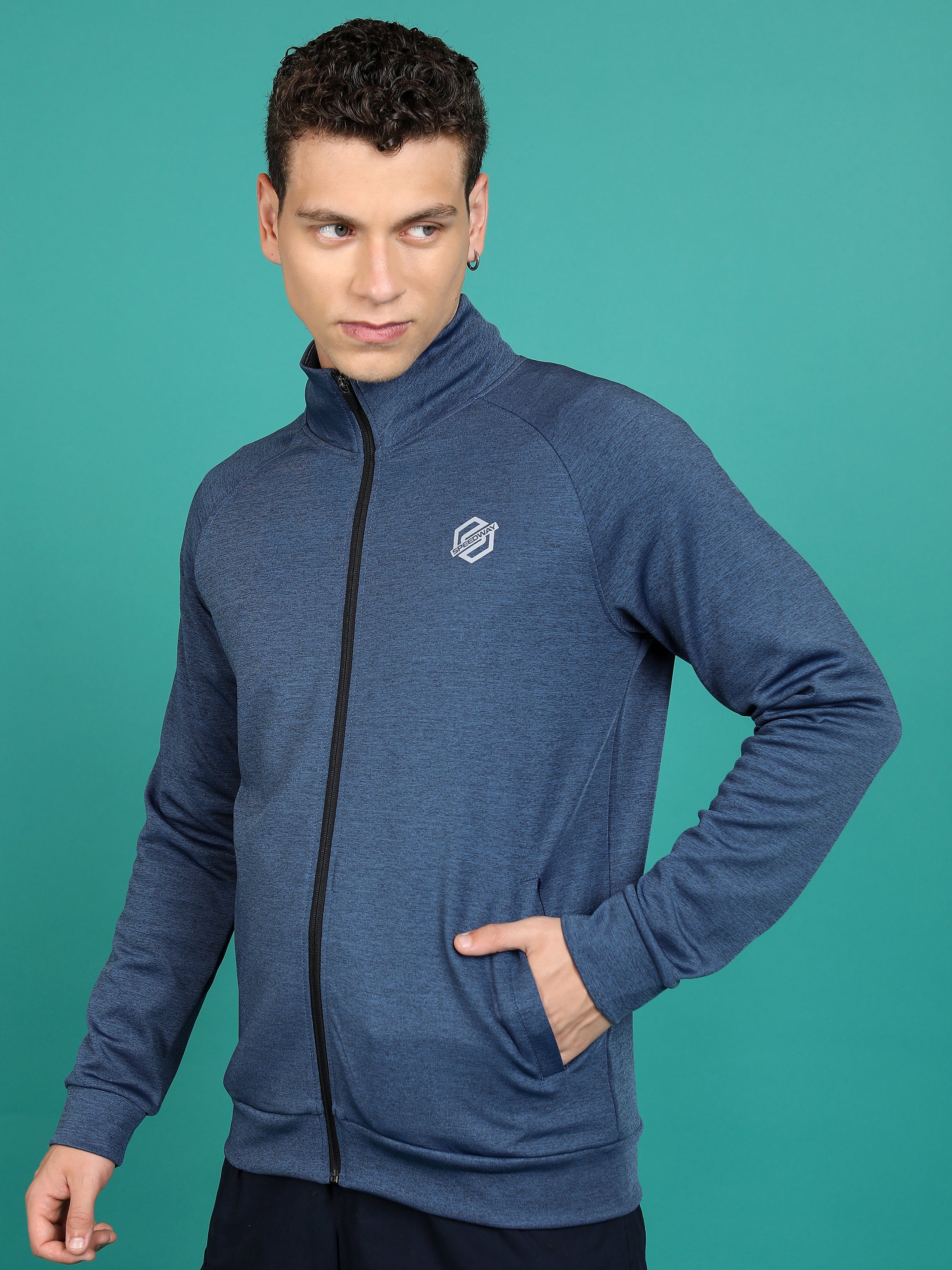 Highlander Men Navy Blue Mock Collar Front-Open Sweatshirt - Navy Blue - Image 4
