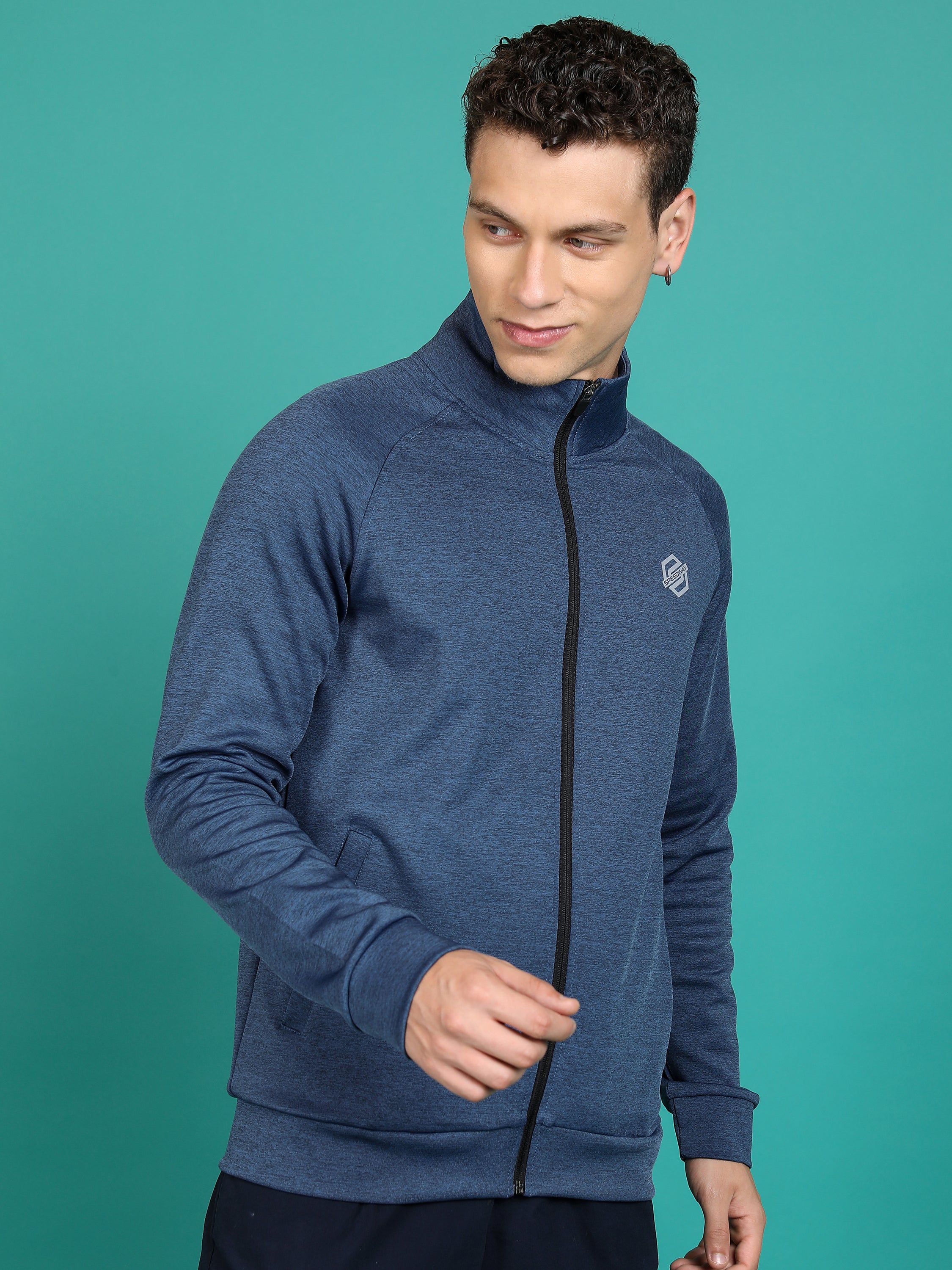 Highlander Men Navy Blue Mock Collar Front-Open Sweatshirt - Navy Blue - Image 6