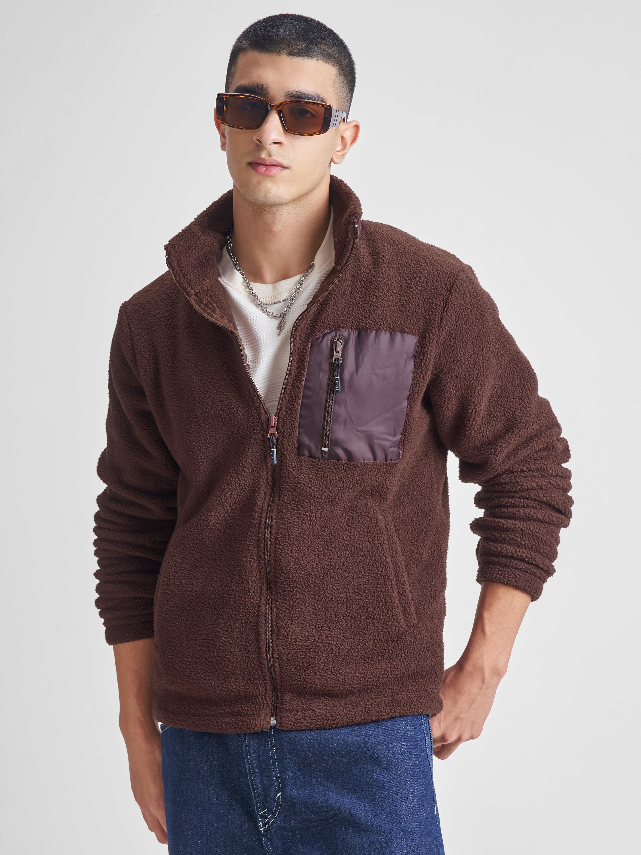 Highlander Men Brown Mock Collar Front-Open Sweatshirt - Brown - Image 1