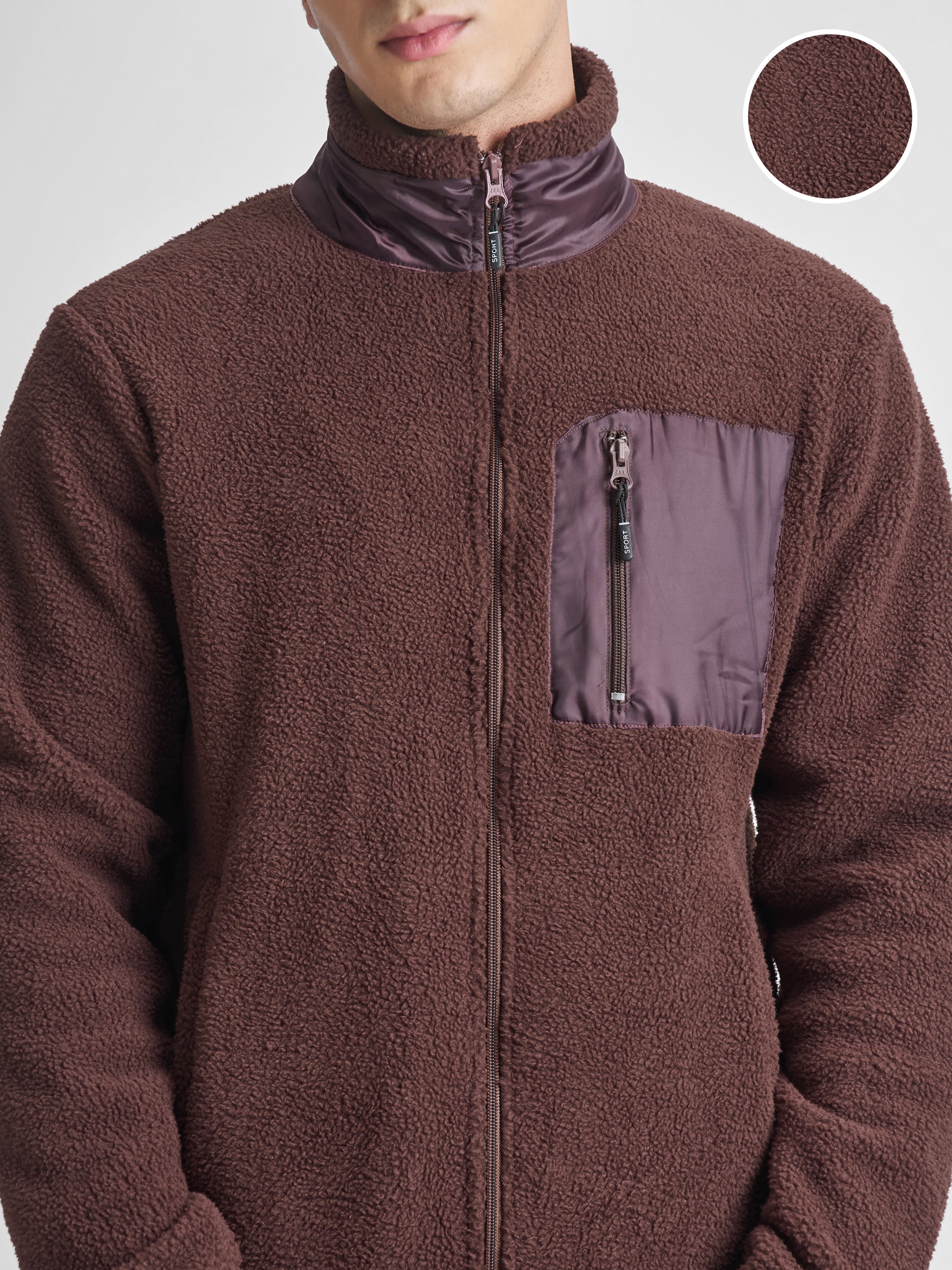 Highlander Men Brown Mock Collar Front-Open Sweatshirt - Brown - Image 5