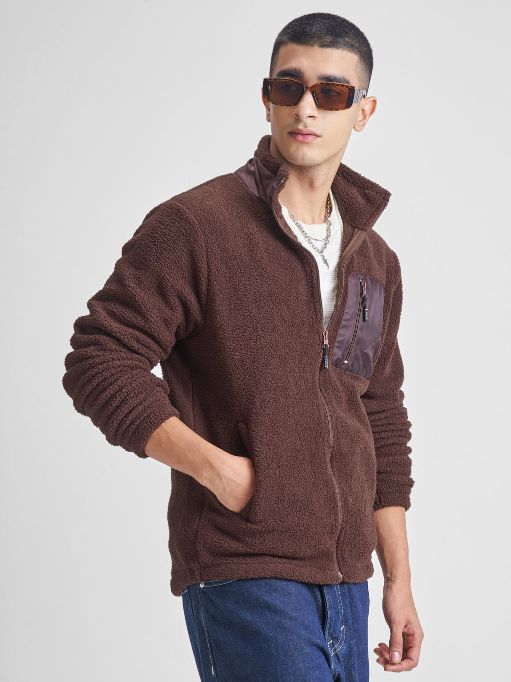 Highlander Men Brown Mock Collar Front-Open Sweatshirt - Brown - Image 6