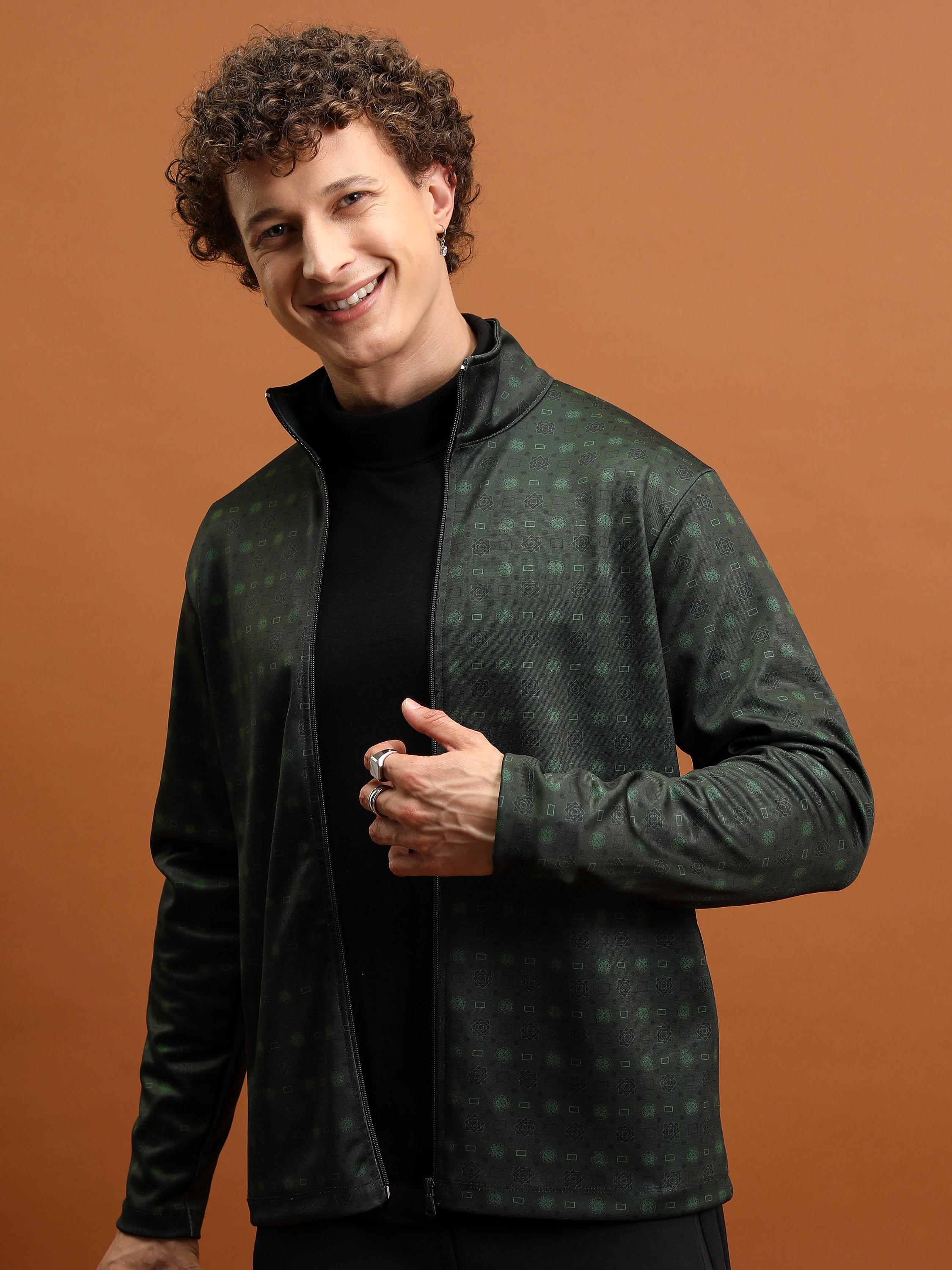 Highlander Men Green Mock Collar Front-Open Sweatshirt - Green - Image 1