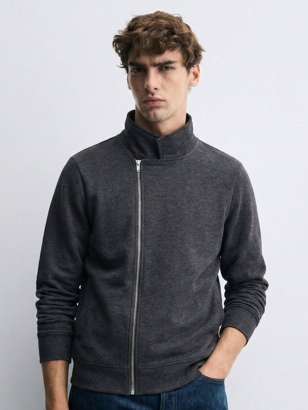Highlander Men Grey Shirt Collar Front-Open Sweatshirt - Grey - Image 1