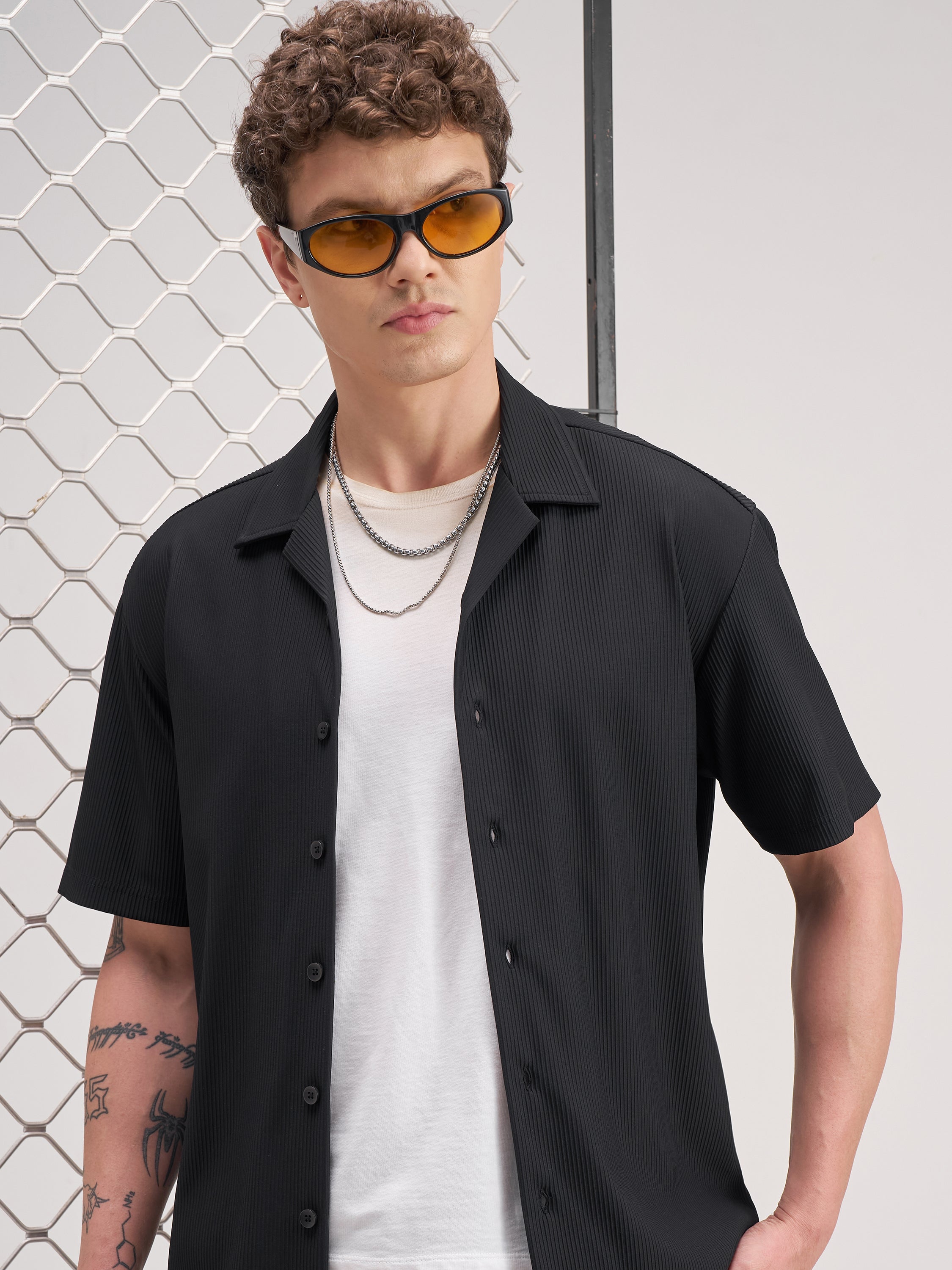 Highlander Men Black Self Design Relaxed Fit Casual Shirt - Black - Image 1