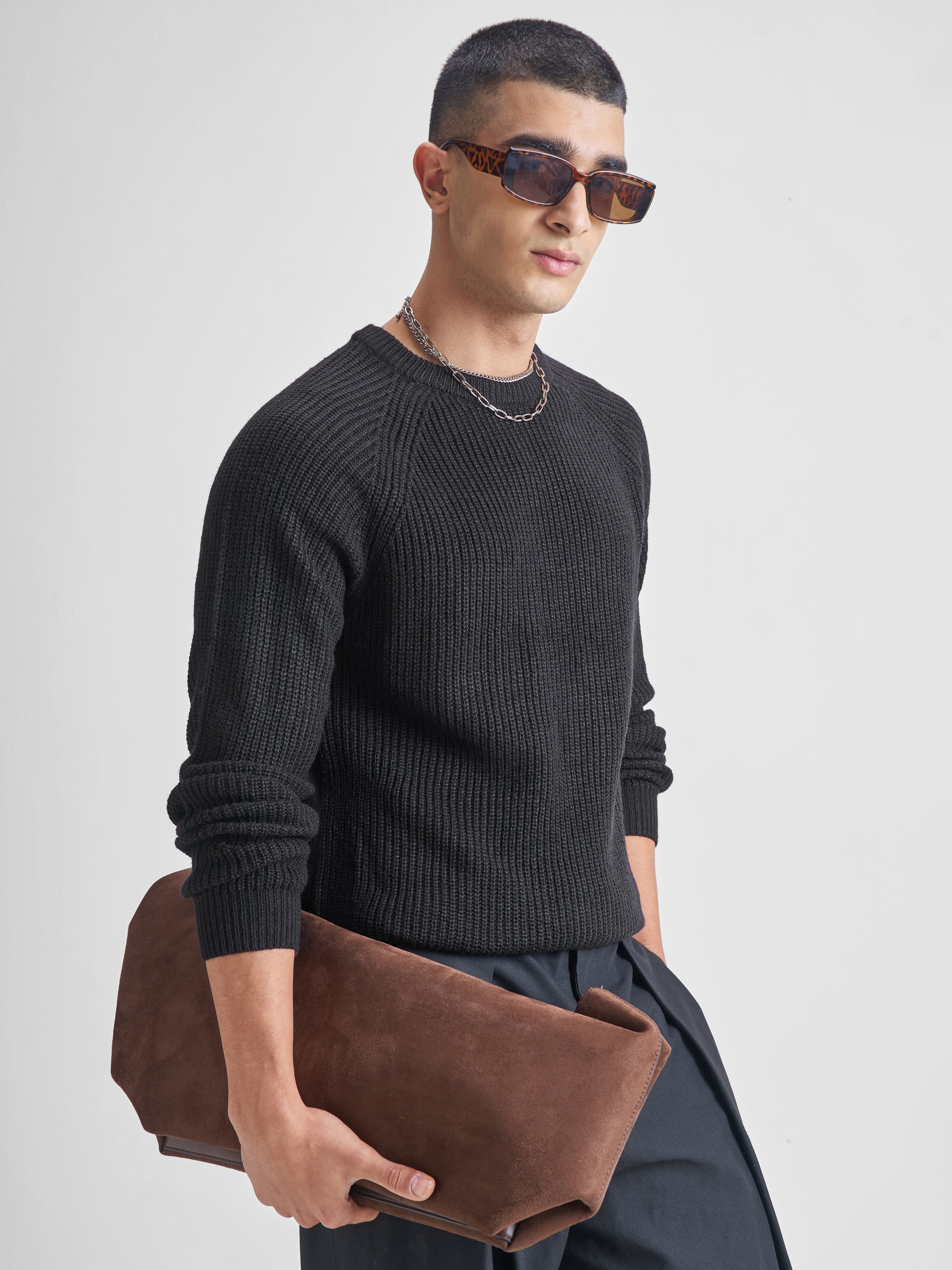 Highlander Men Black Round Neck Pullover Sweater - Black - Image 1