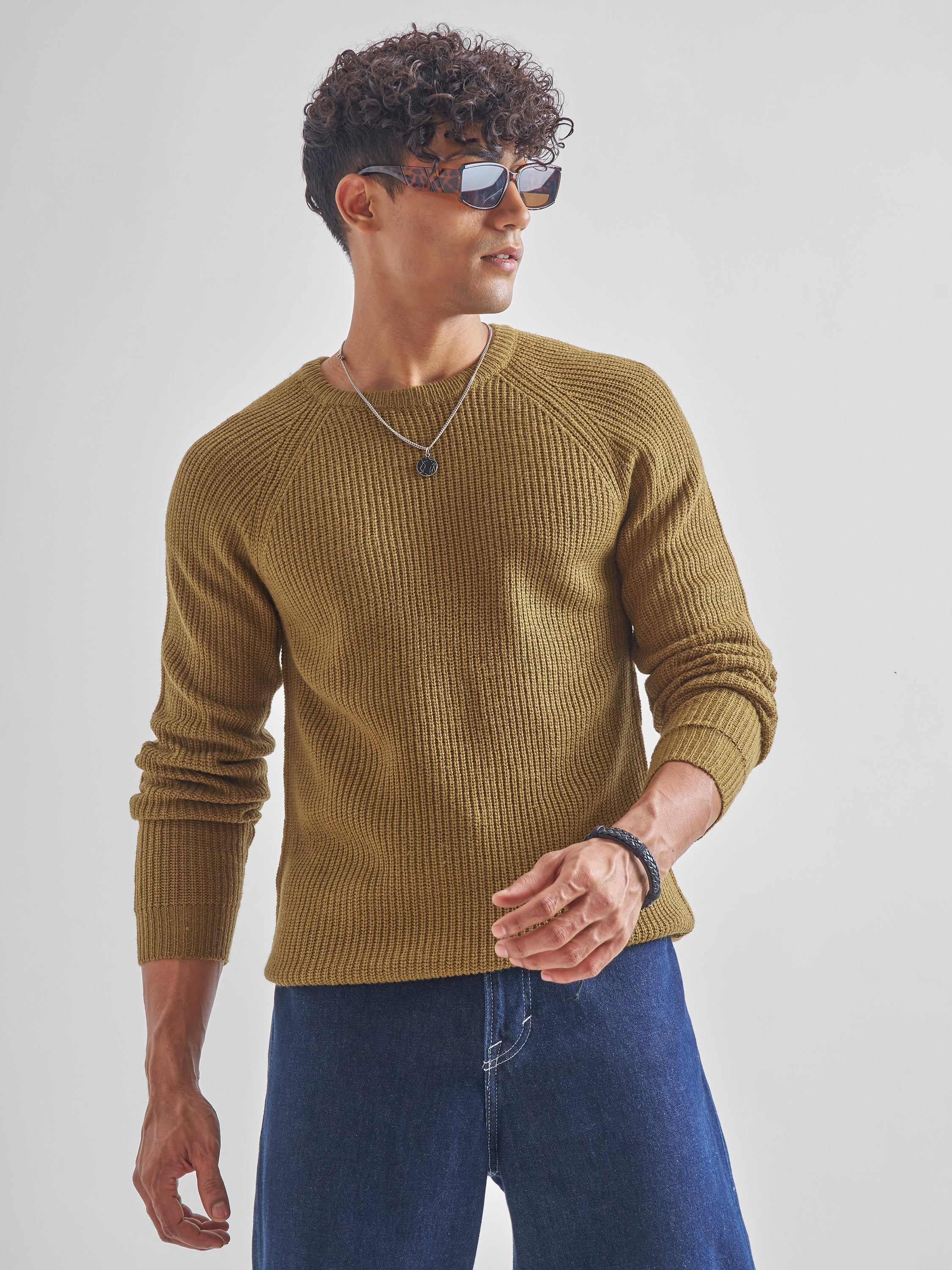 Highlander Men Mustard Round Neck Pullover Sweater - Mustard - Image 1