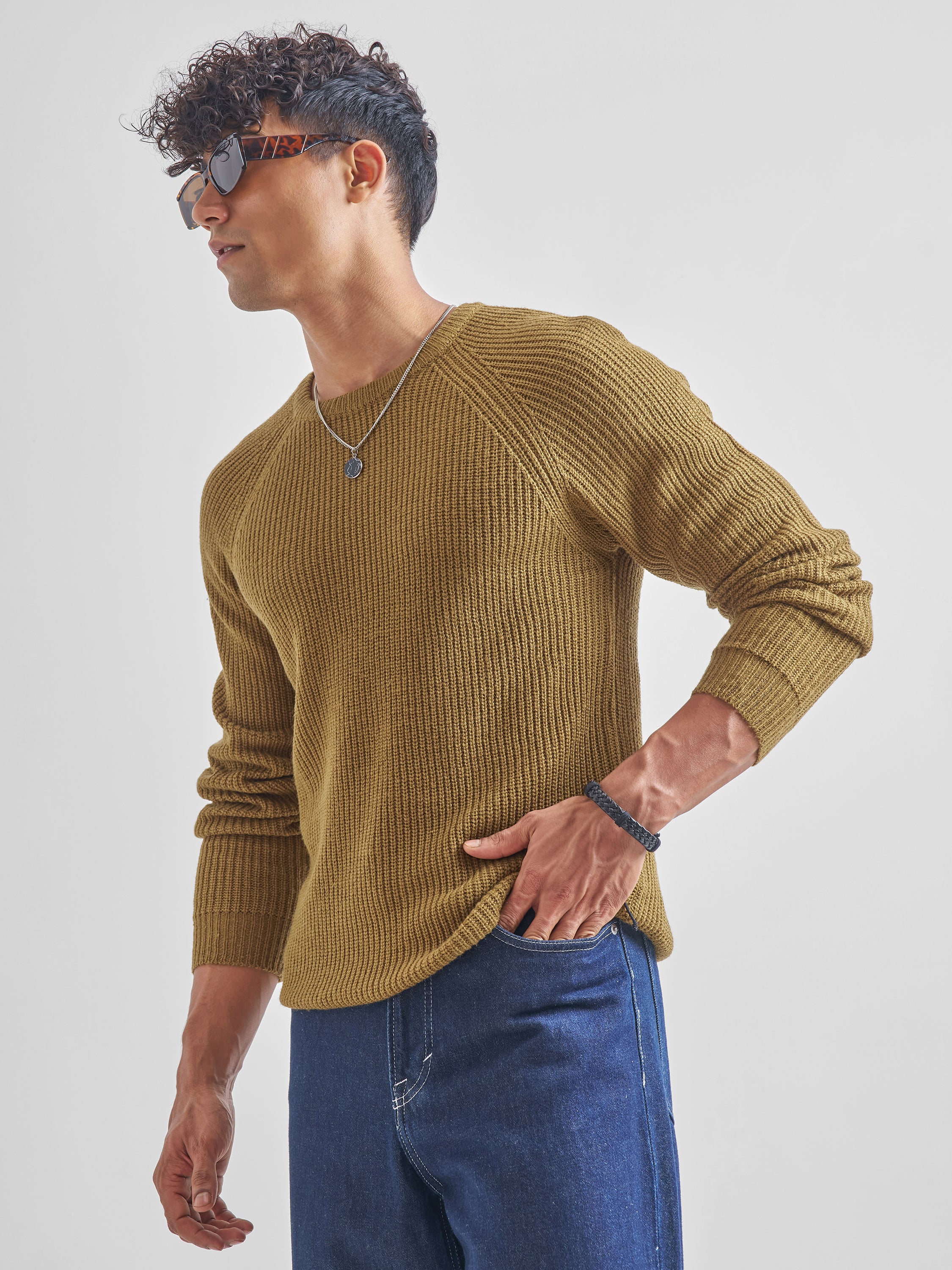 Highlander Men Mustard Round Neck Pullover Sweater - Mustard - Image 4