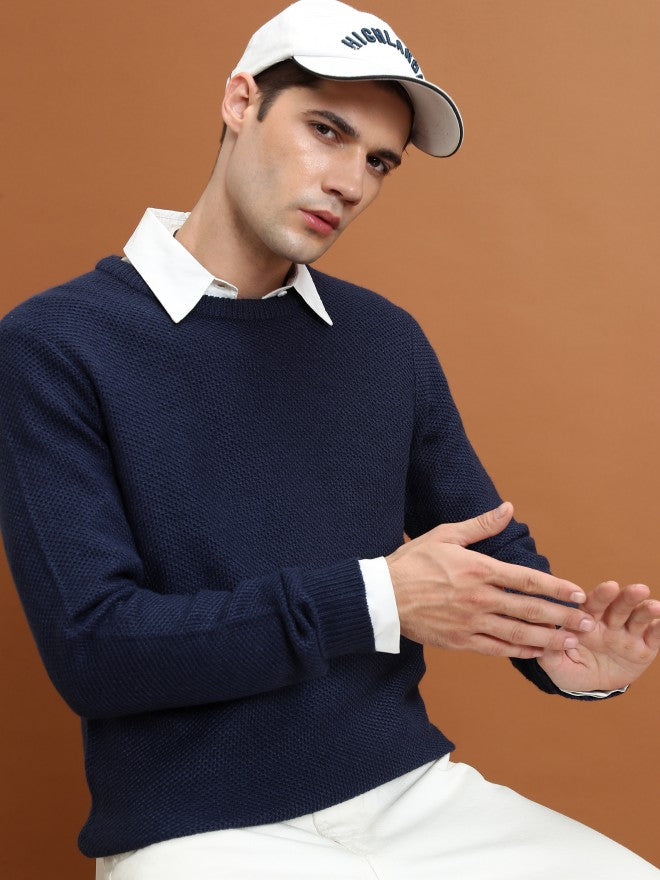 Highlander Men Navy Round Neck Sweater - Navy Blue - Image 1