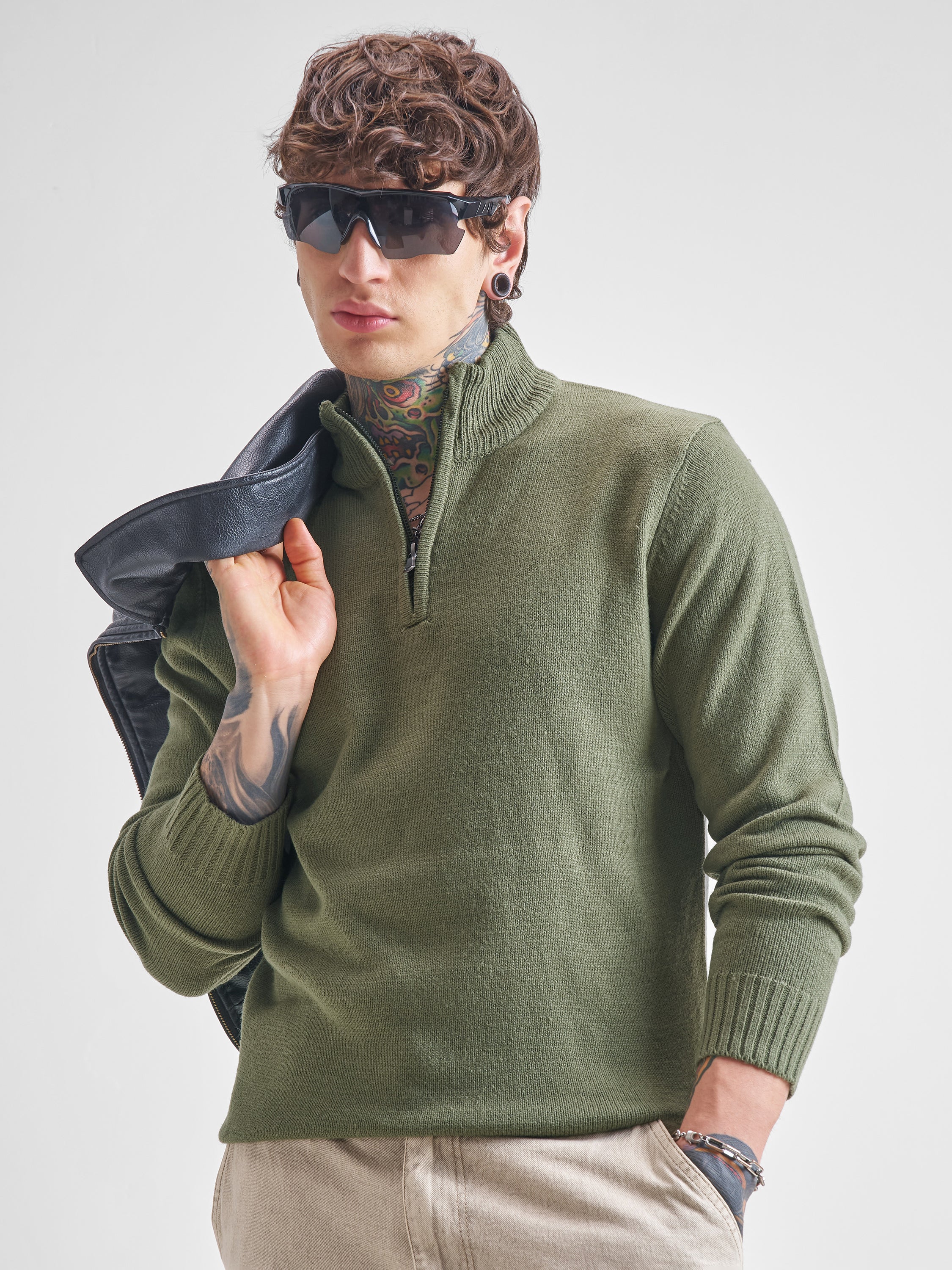 Highlander Men Green Mock Collar Pullover Sweater - Green - Image 1
