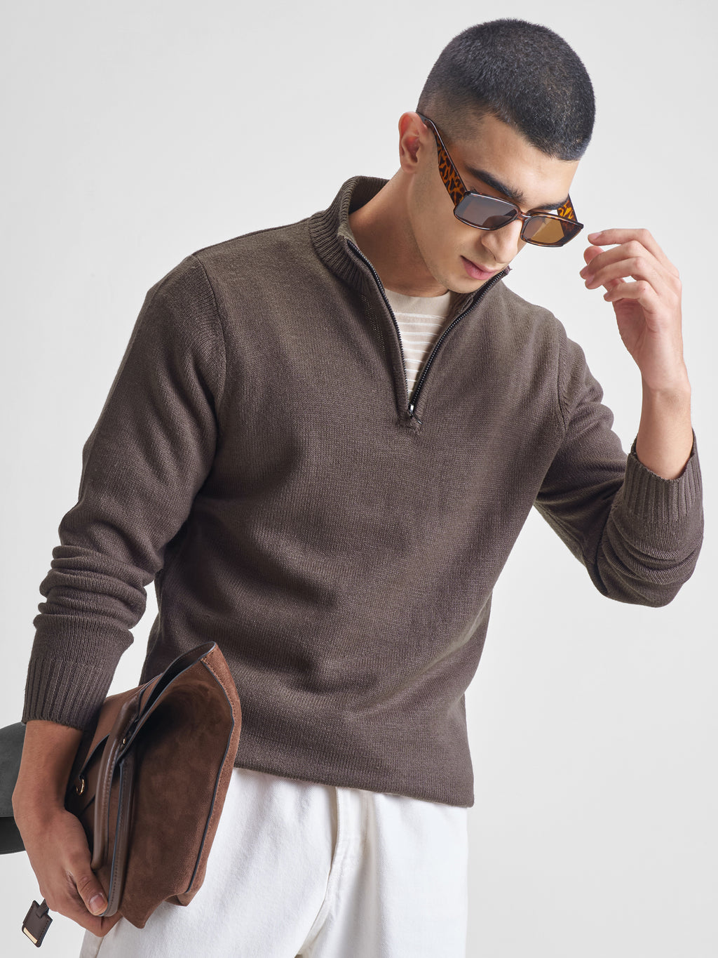 Highlander Men Brown Mock Collar Pullover Sweater - Brown - Image 1