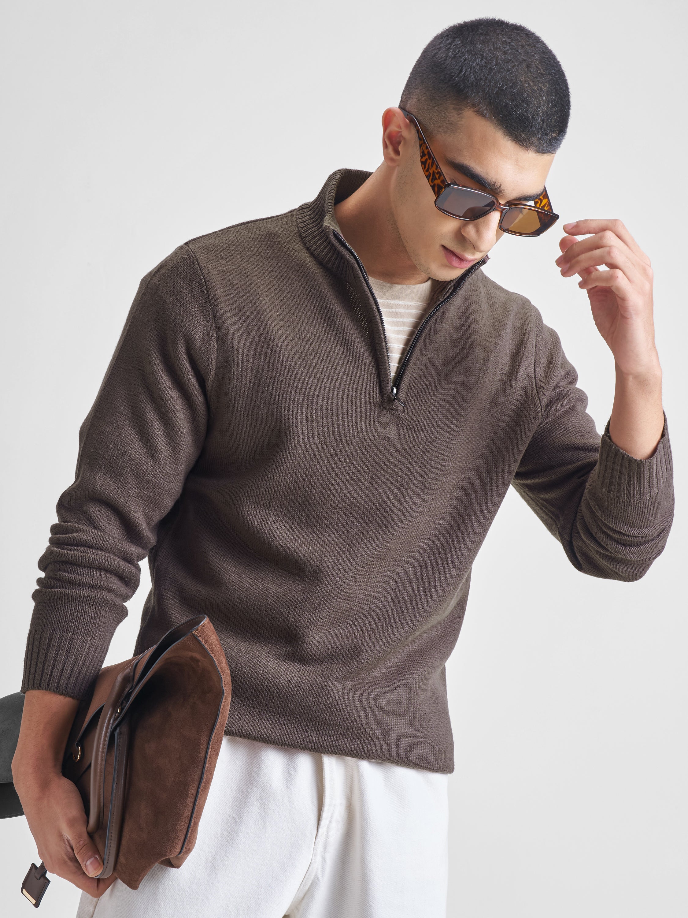 Highlander Men Brown Mock Collar Pullover Sweater - Brown - Image 1