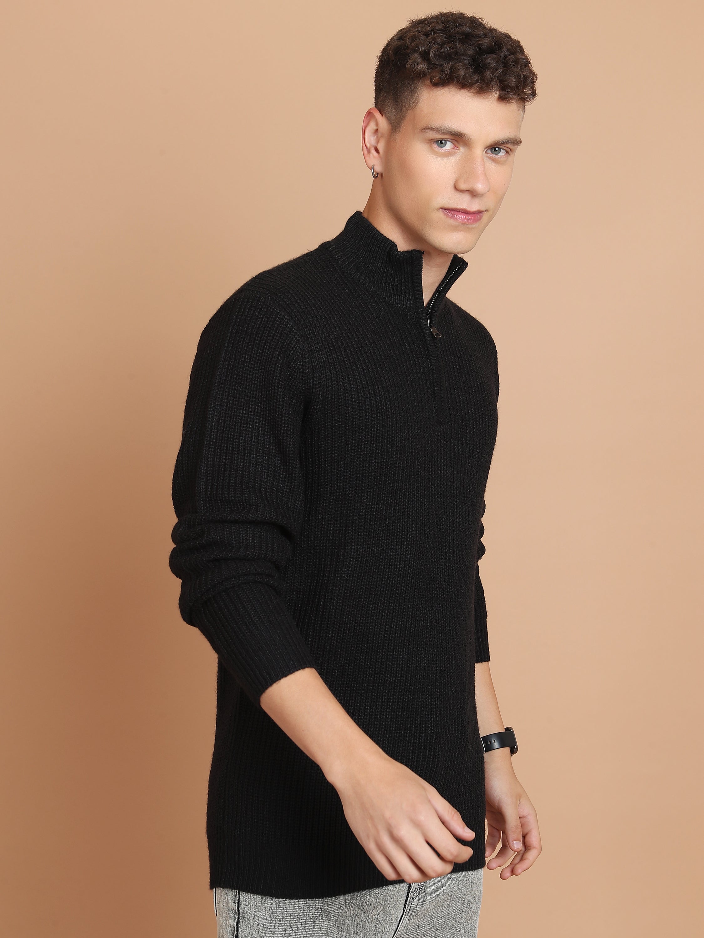 Highlander Men Black Mock Collar Pullover Sweater - Black - Image 6