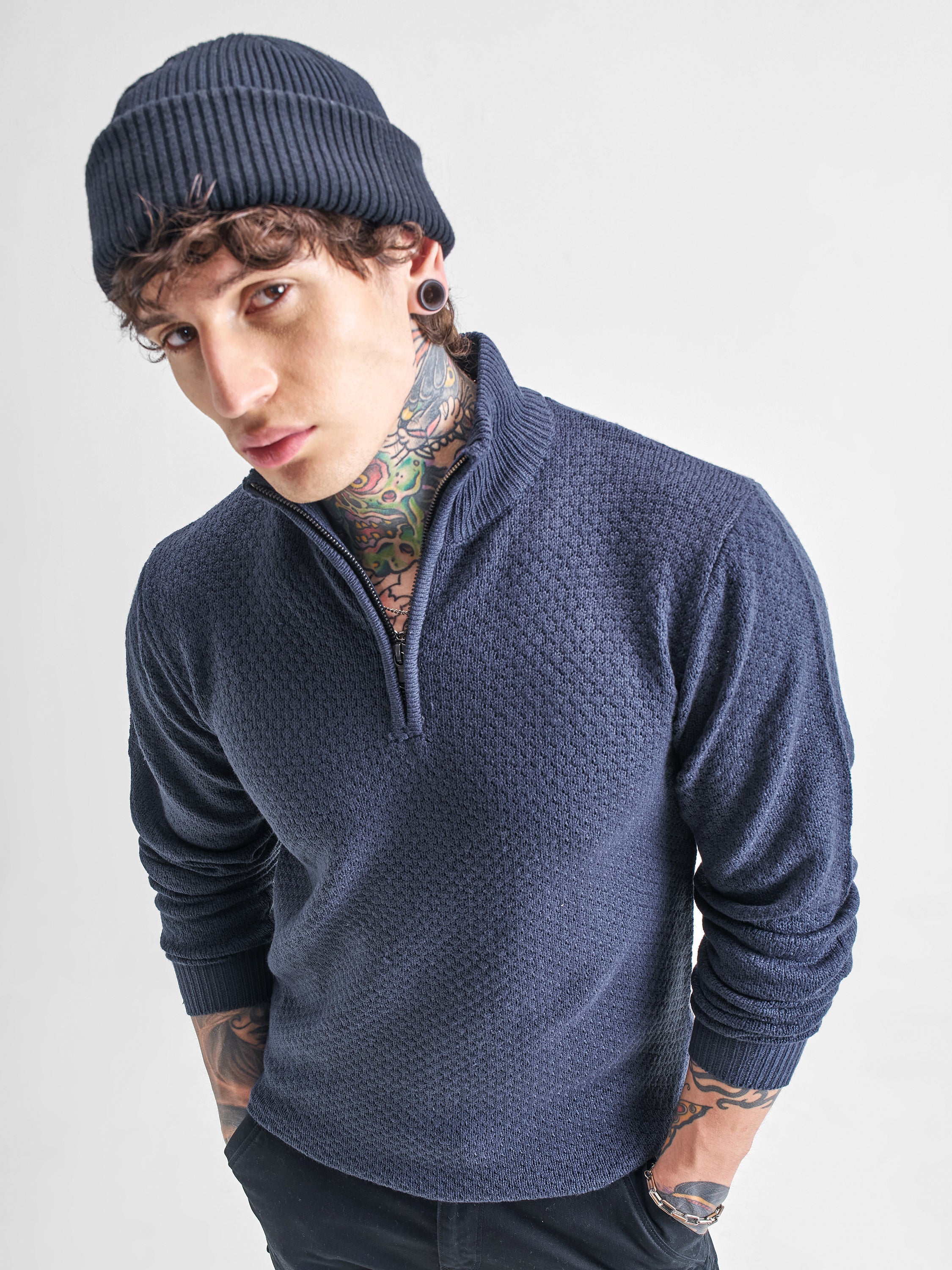 Highlander Men Navy Blue Mock Collar Pullover Sweater - Navy Blue - Image 1