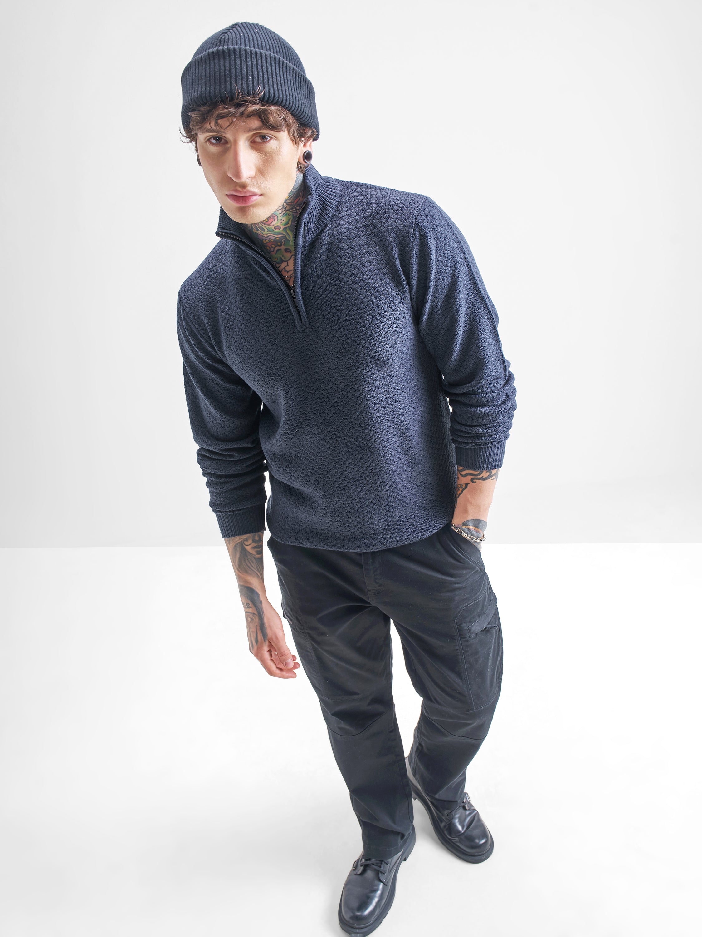 Highlander Men Navy Blue Mock Collar Pullover Sweater - Navy Blue - Image 2