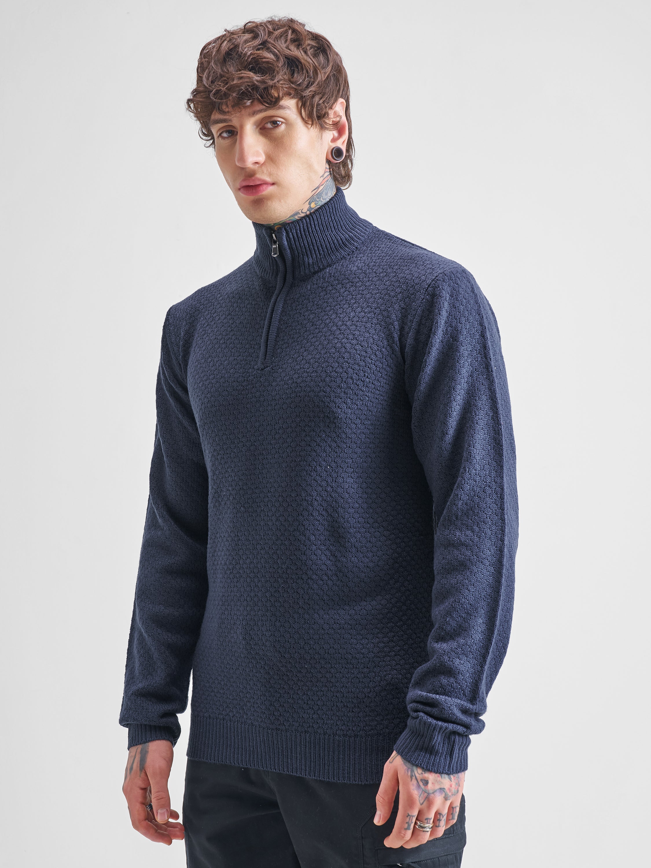 Highlander Men Navy Blue Mock Collar Pullover Sweater - Navy Blue - Image 4
