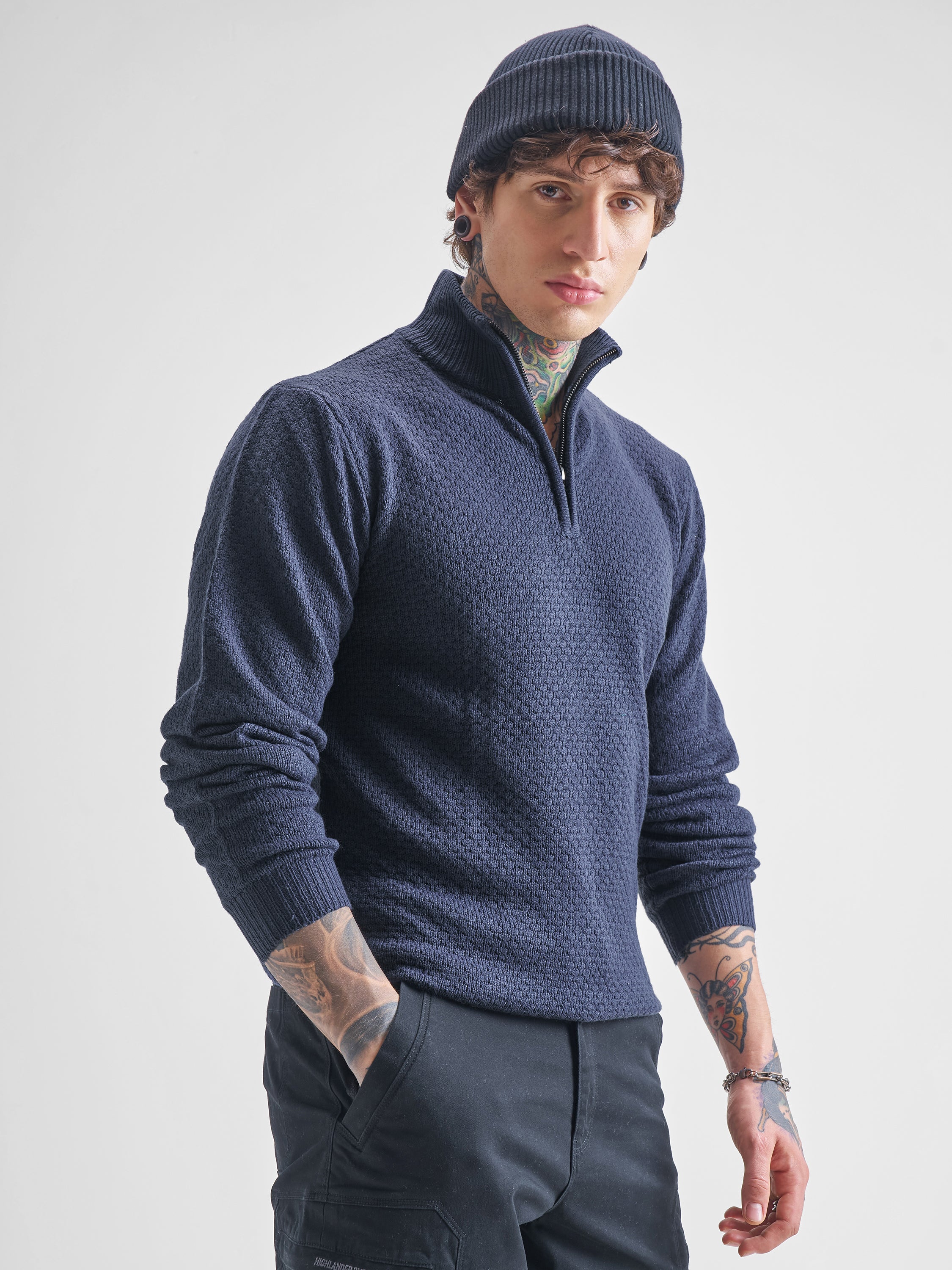 Highlander Men Navy Blue Mock Collar Pullover Sweater - Navy Blue - Image 6