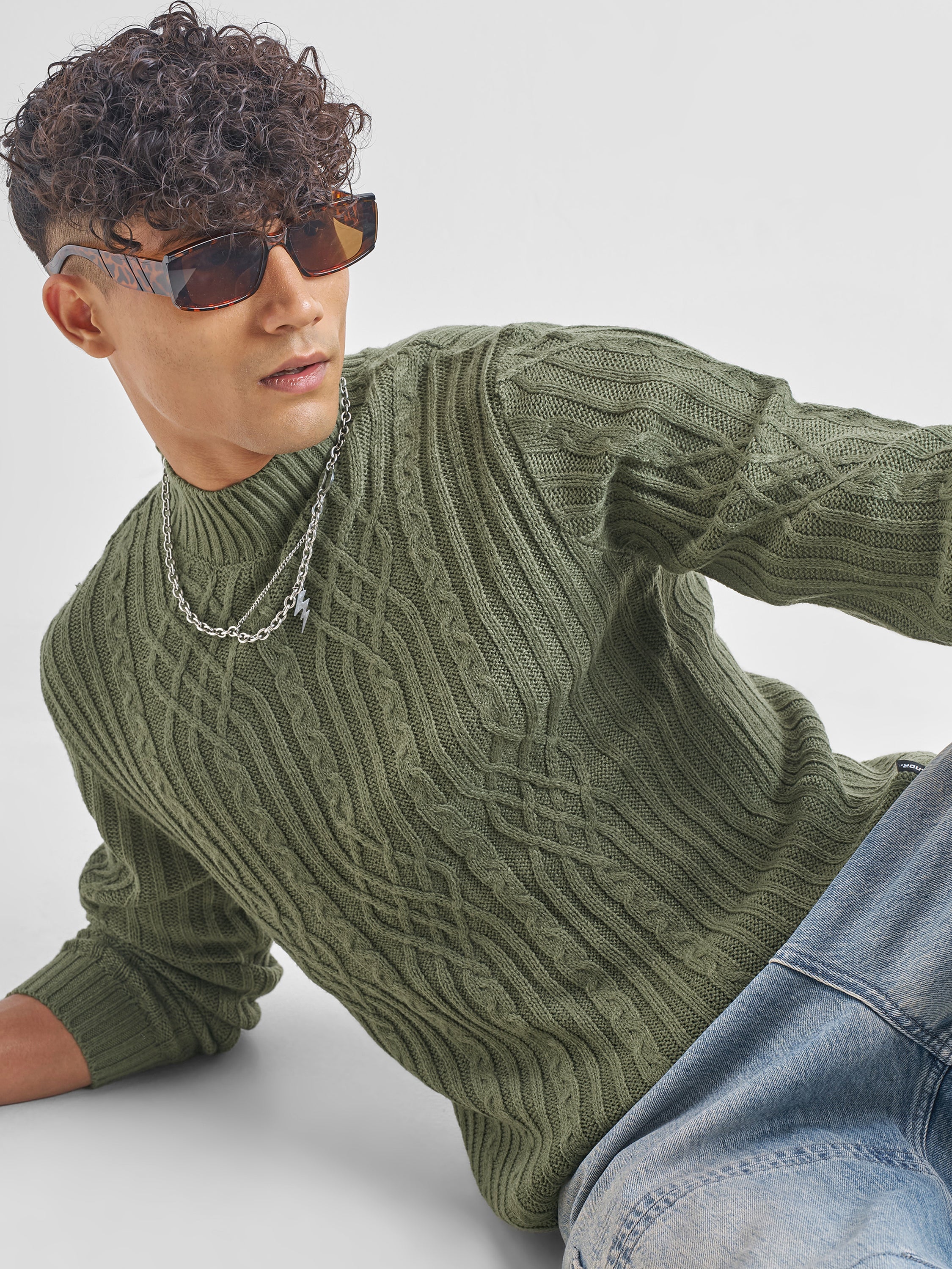 Highlander Men Green Mock Collar Pullover Sweater - Green - Image 1