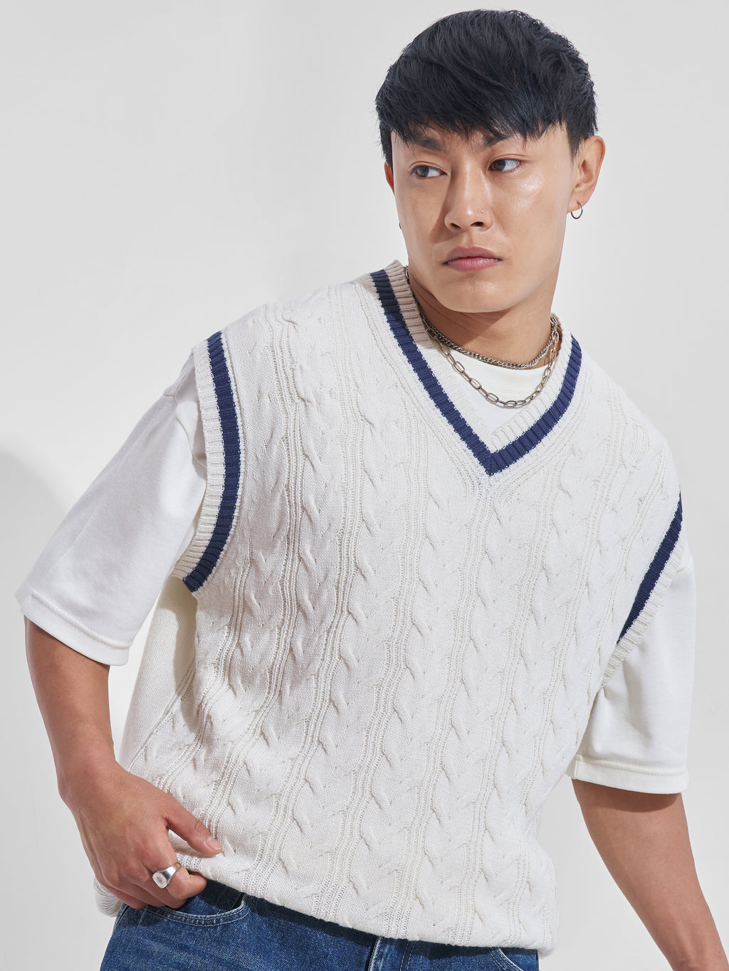 Highlander Men White V-Neck Pullover Sweater - White - Image 1