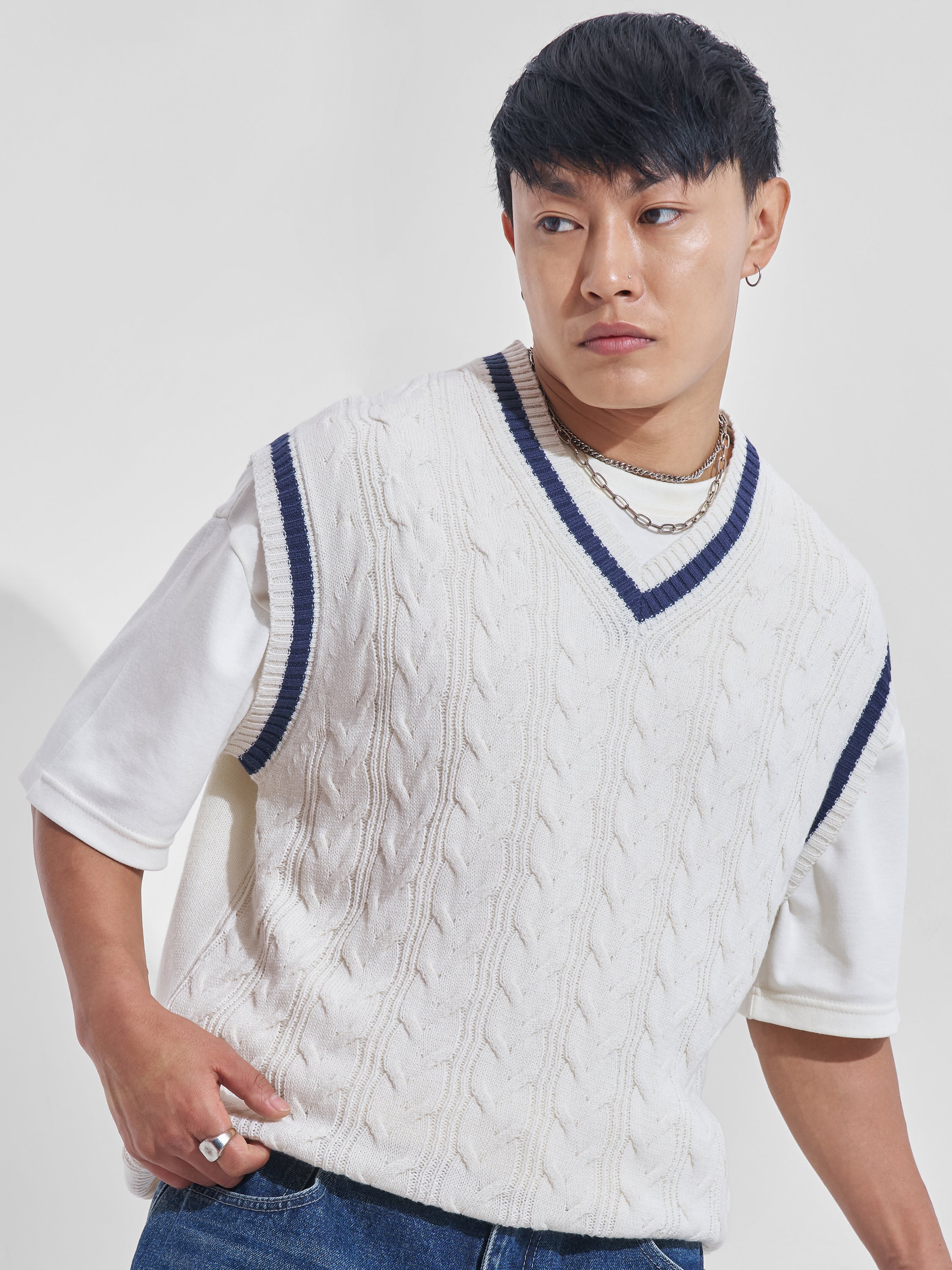 Highlander Men White V-Neck Pullover Sweater - White - Image 1