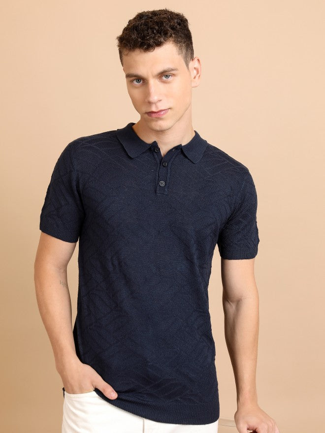 Highlander Men Navy Blue Shawl Neck Pullover Sweater - Navy Blue - Image 1