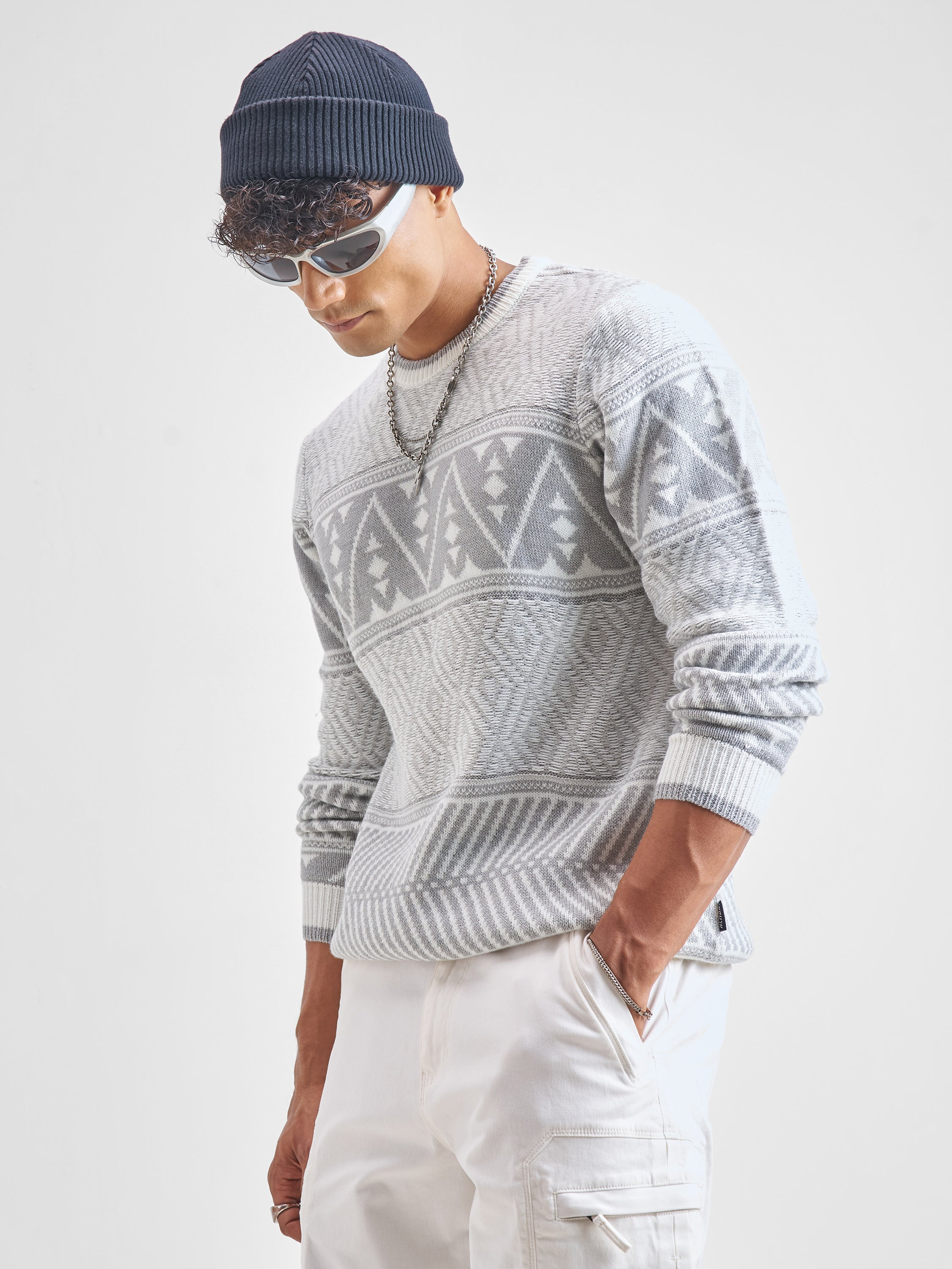 Highlander Men White Round Neck Pullover Sweater - White - Image 4