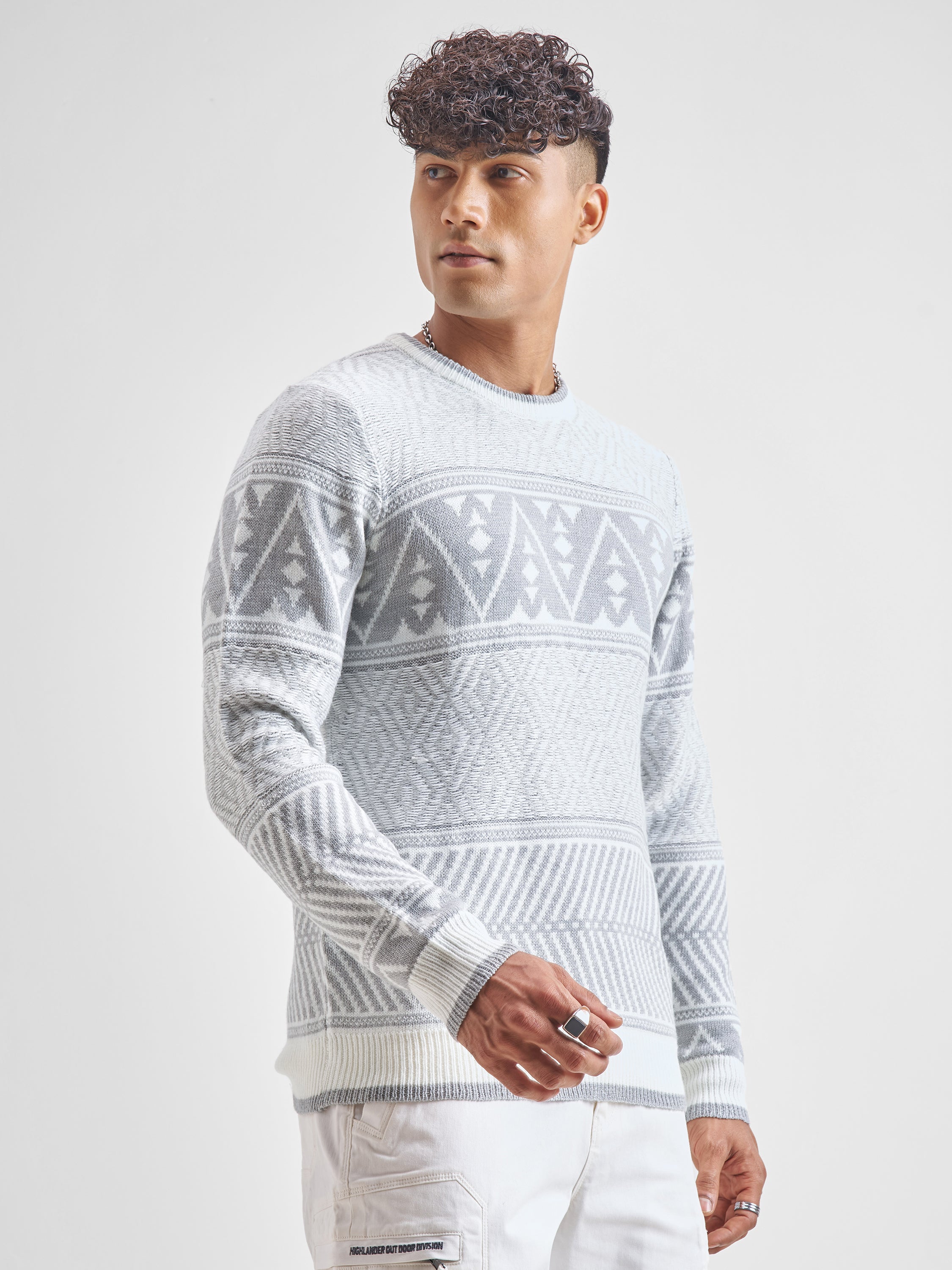 Highlander Men White Round Neck Pullover Sweater - White - Image 6