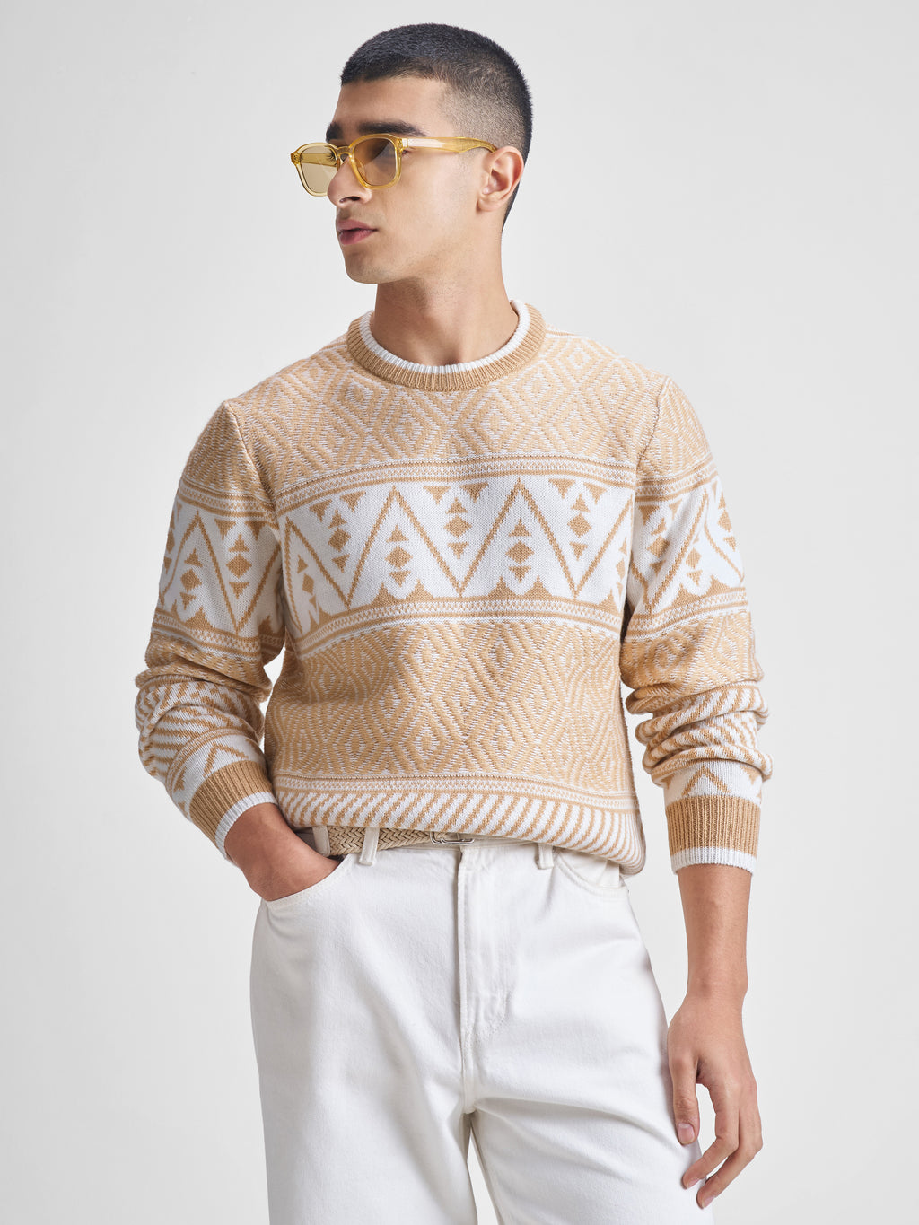 Highlander Men Beige Round Neck Pullover Sweater - Beige - Image 1