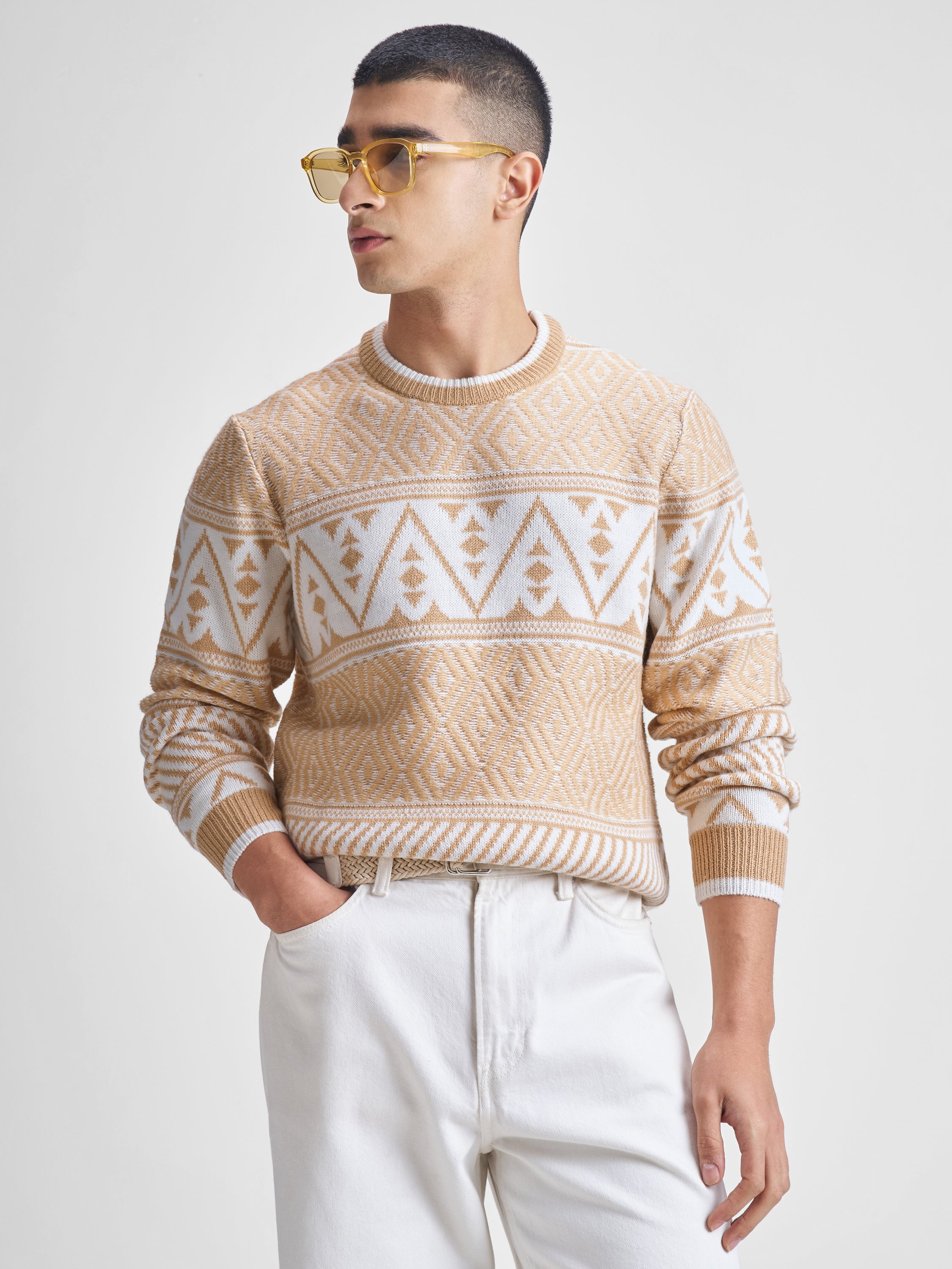 Highlander Men Beige Round Neck Pullover Sweater - Beige - Image 1
