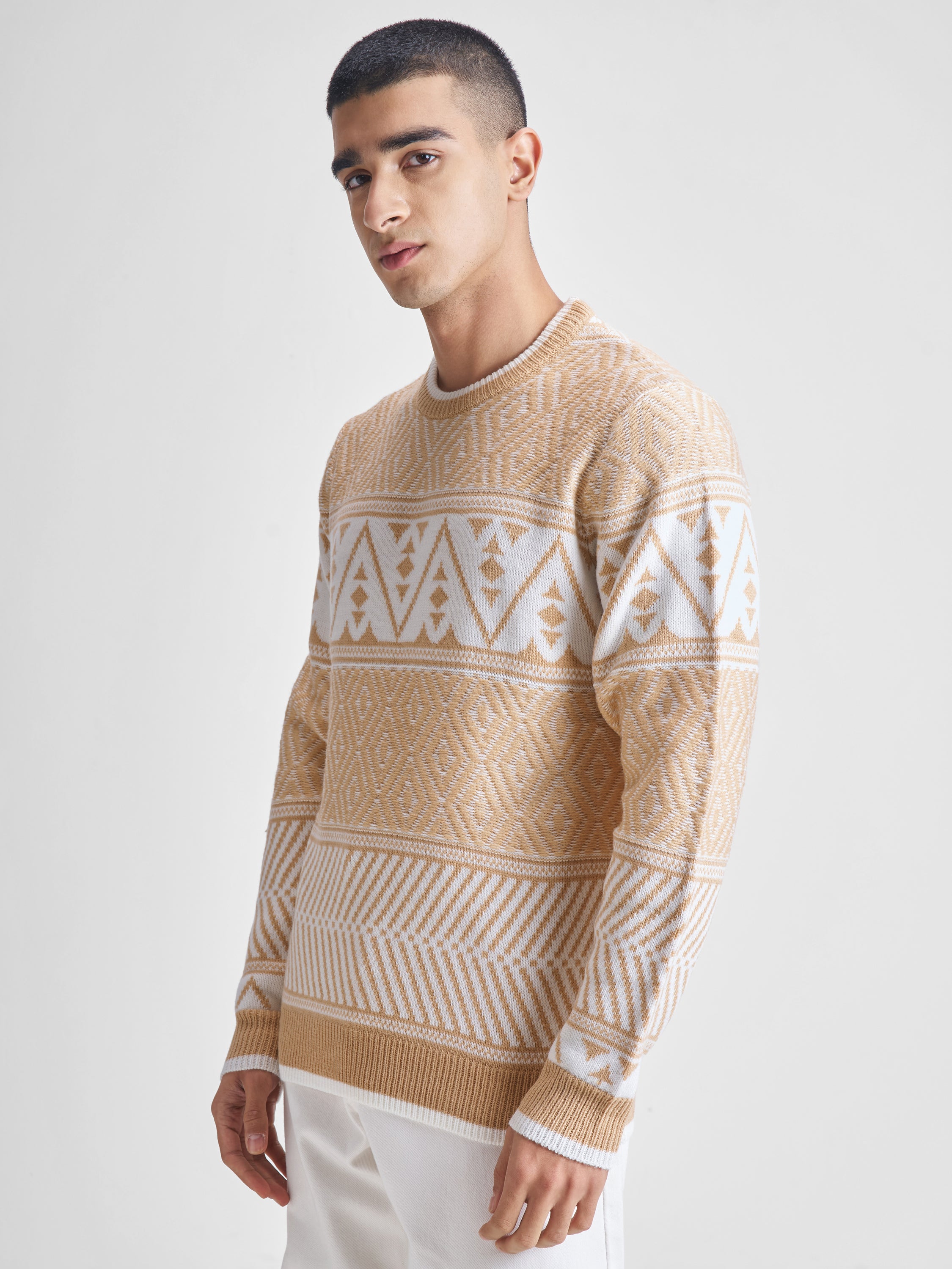 Highlander Men Beige Round Neck Pullover Sweater - Beige - Image 4