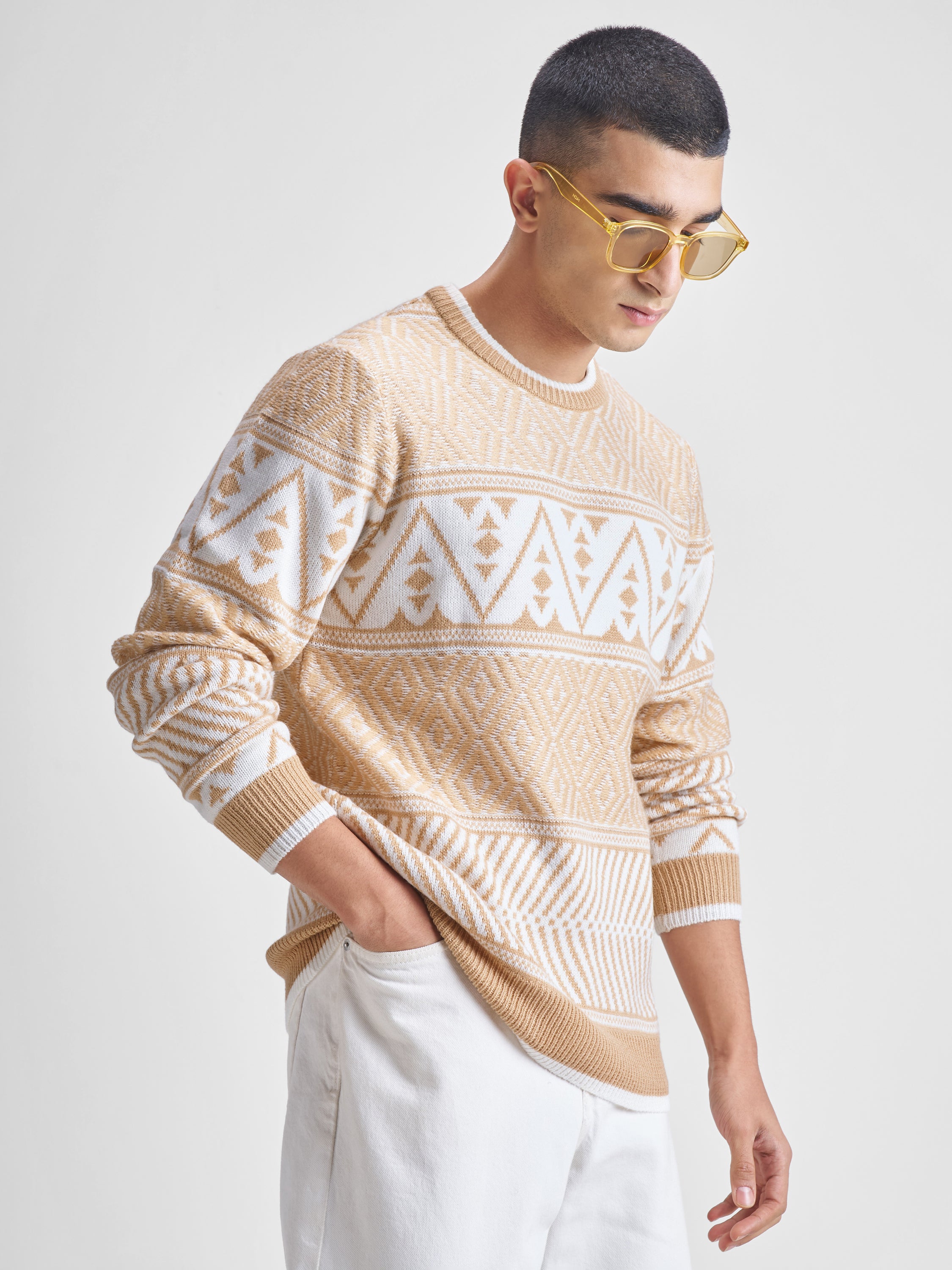 Highlander Men Beige Round Neck Pullover Sweater - Beige - Image 6