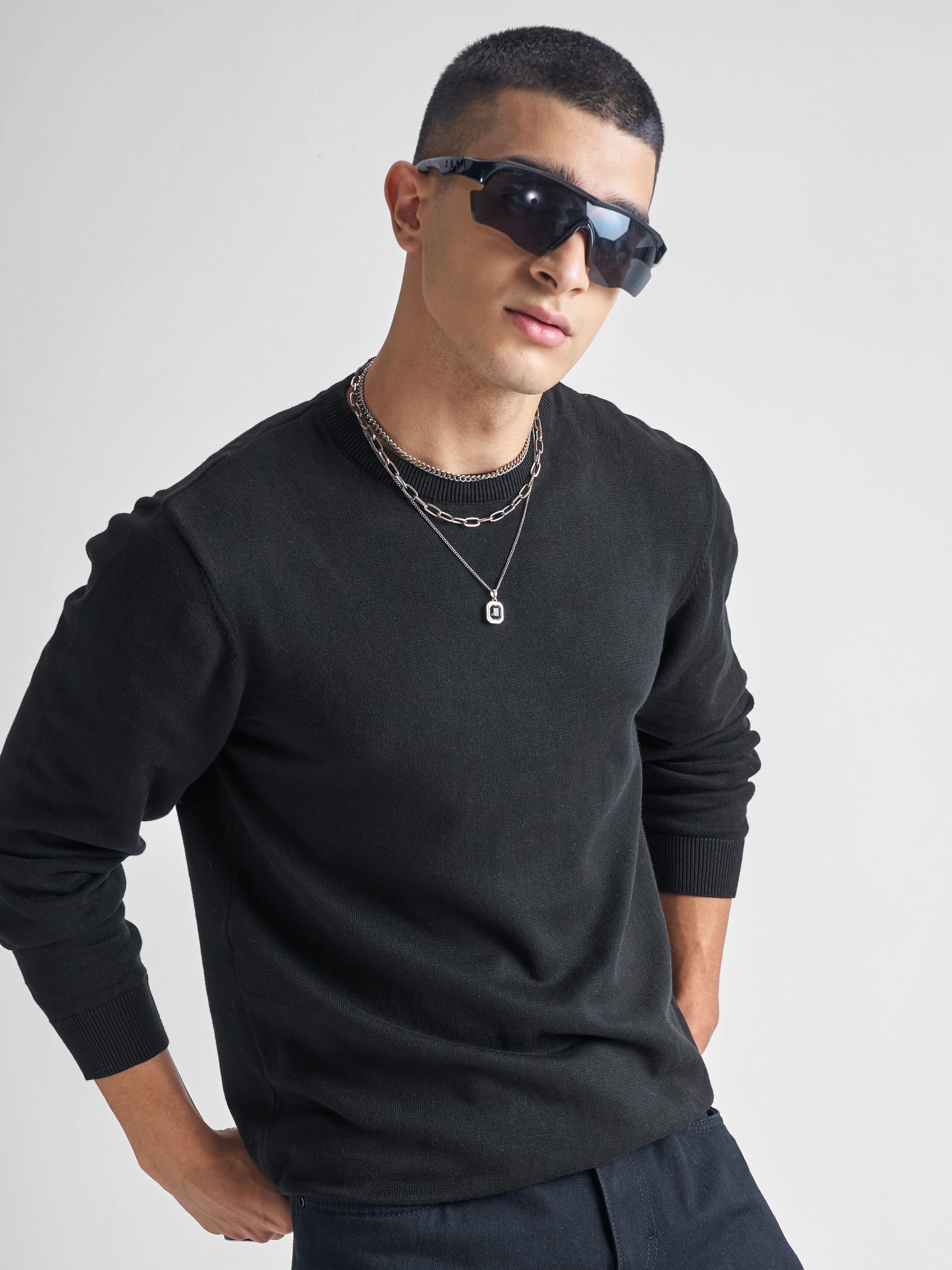 Highlander Men Black Round Neck Pullover Sweater - Black - Image 1
