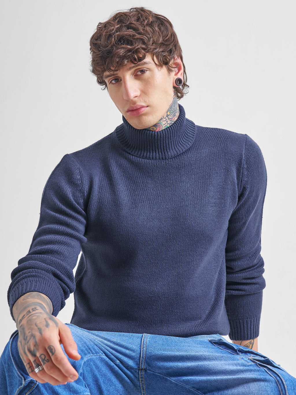 Highlander Men Navy Blue Turtle Neck Pullover Sweater - Navy Blue - Image 1