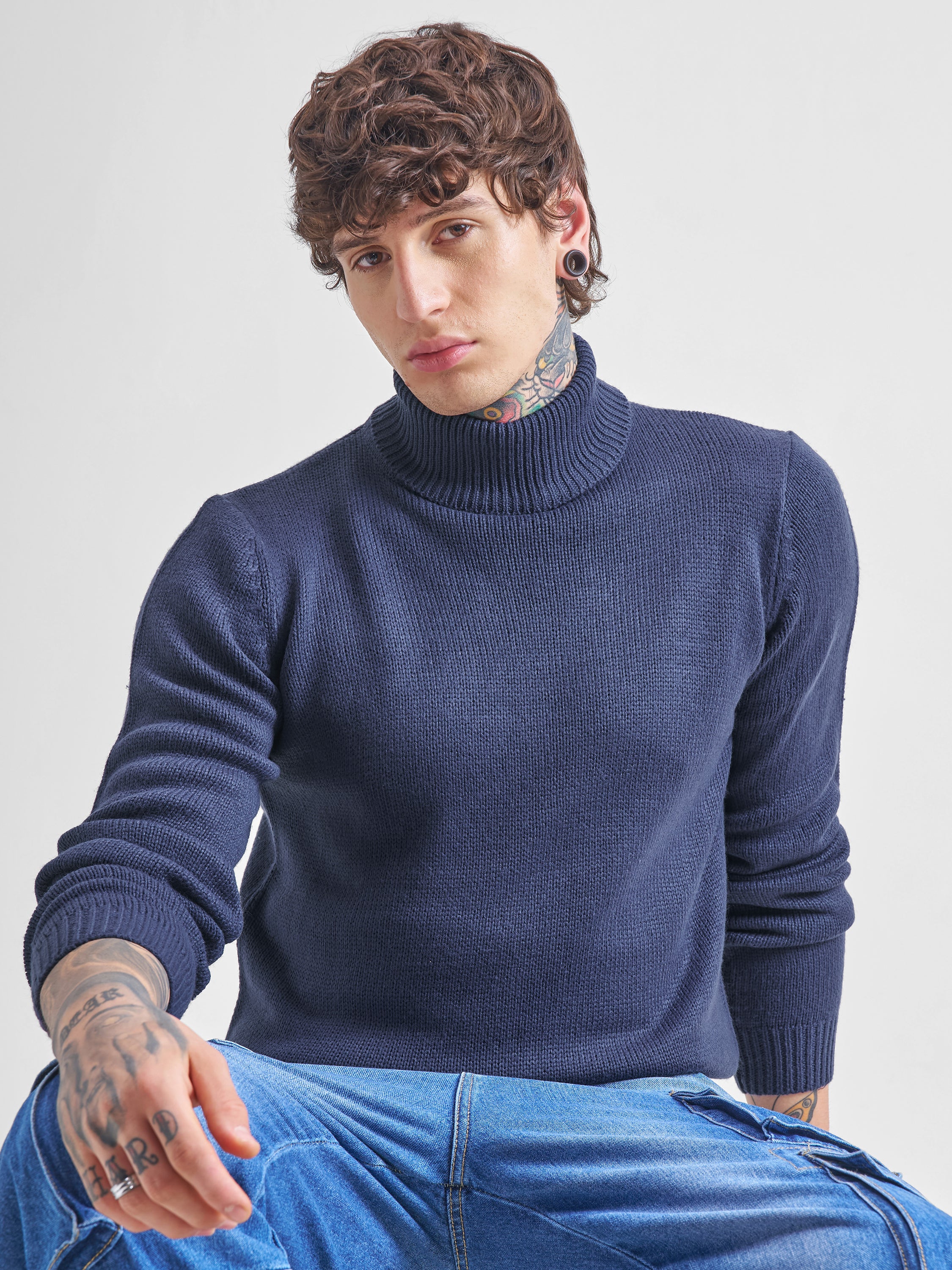 Highlander Men Navy Blue Turtle Neck Pullover Sweater - Navy Blue - Image 1