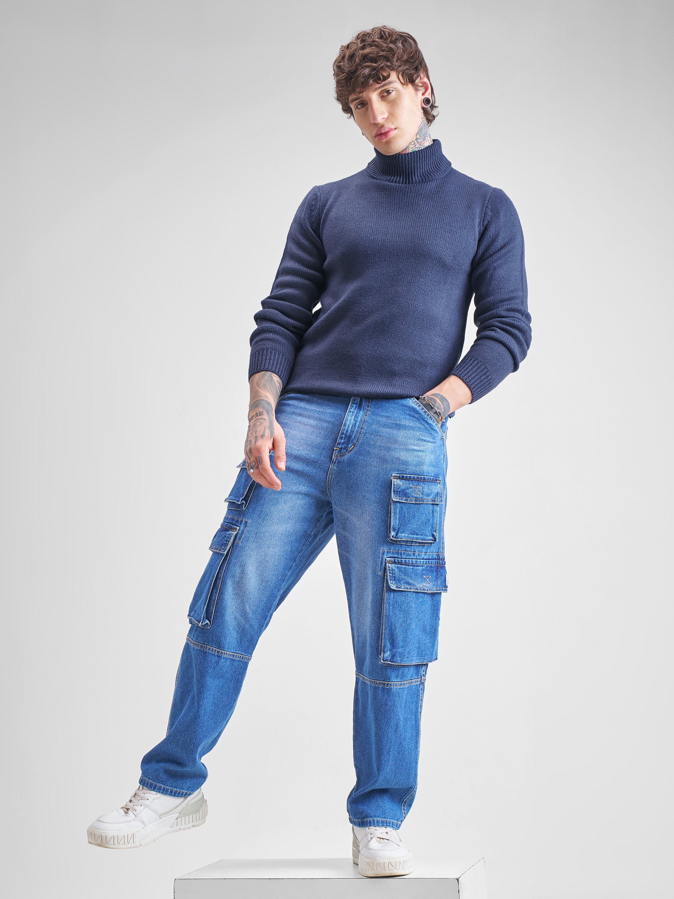 Highlander Men Navy Blue Turtle Neck Pullover Sweater - Navy Blue - Image 2