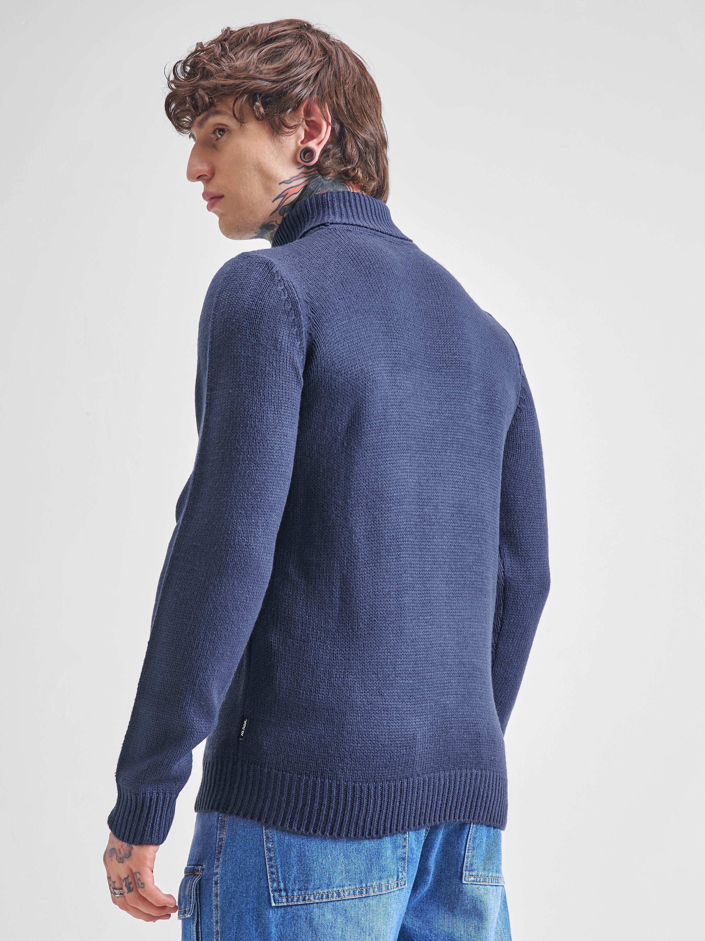 Highlander Men Navy Blue Turtle Neck Pullover Sweater - Navy Blue - Image 3
