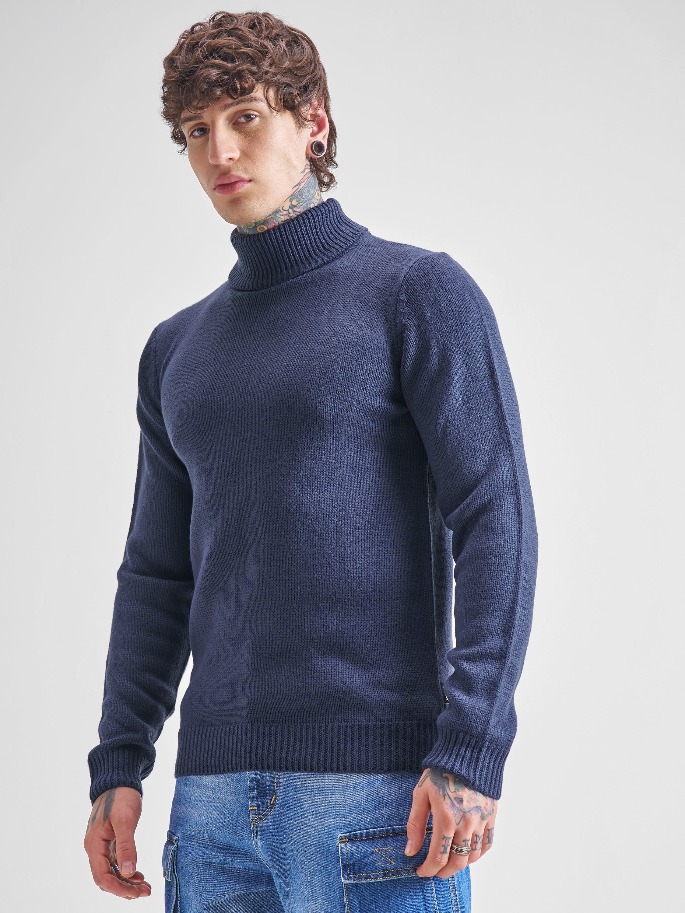 Highlander Men Navy Blue Turtle Neck Pullover Sweater - Navy Blue - Image 4