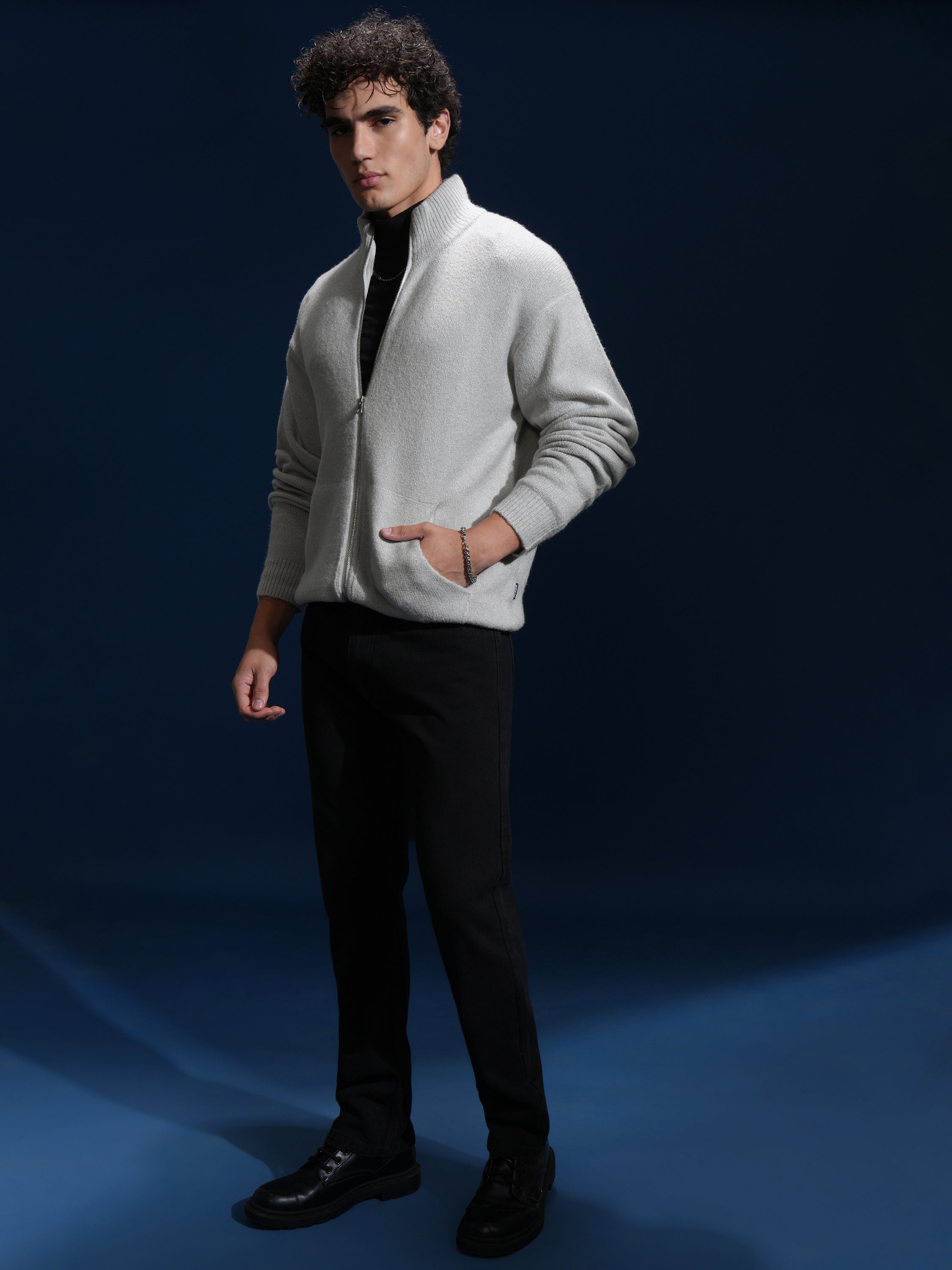 Highlander Men Grey Mock Collar Front-Open Sweater - Grey - Image 2