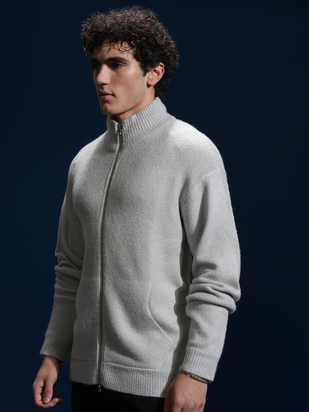 Highlander Men Grey Mock Collar Front-Open Sweater - Grey - Image 4