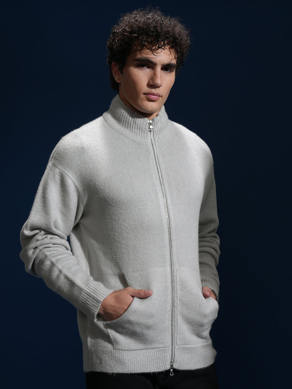 Highlander Men Grey Mock Collar Front-Open Sweater - Grey - Image 6