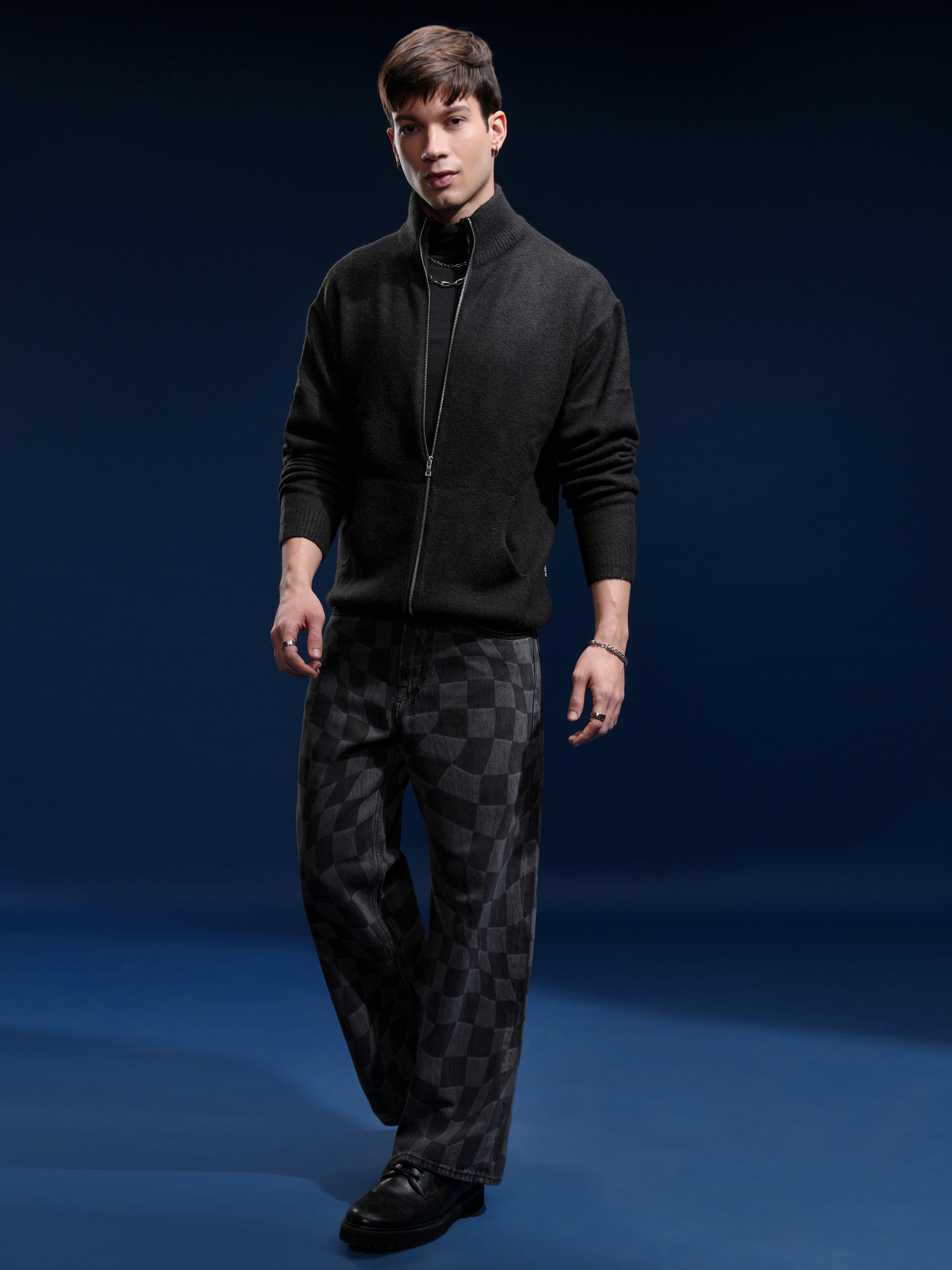 Highlander Men Black Mock Collar Front-Open Sweater - Black - Image 2
