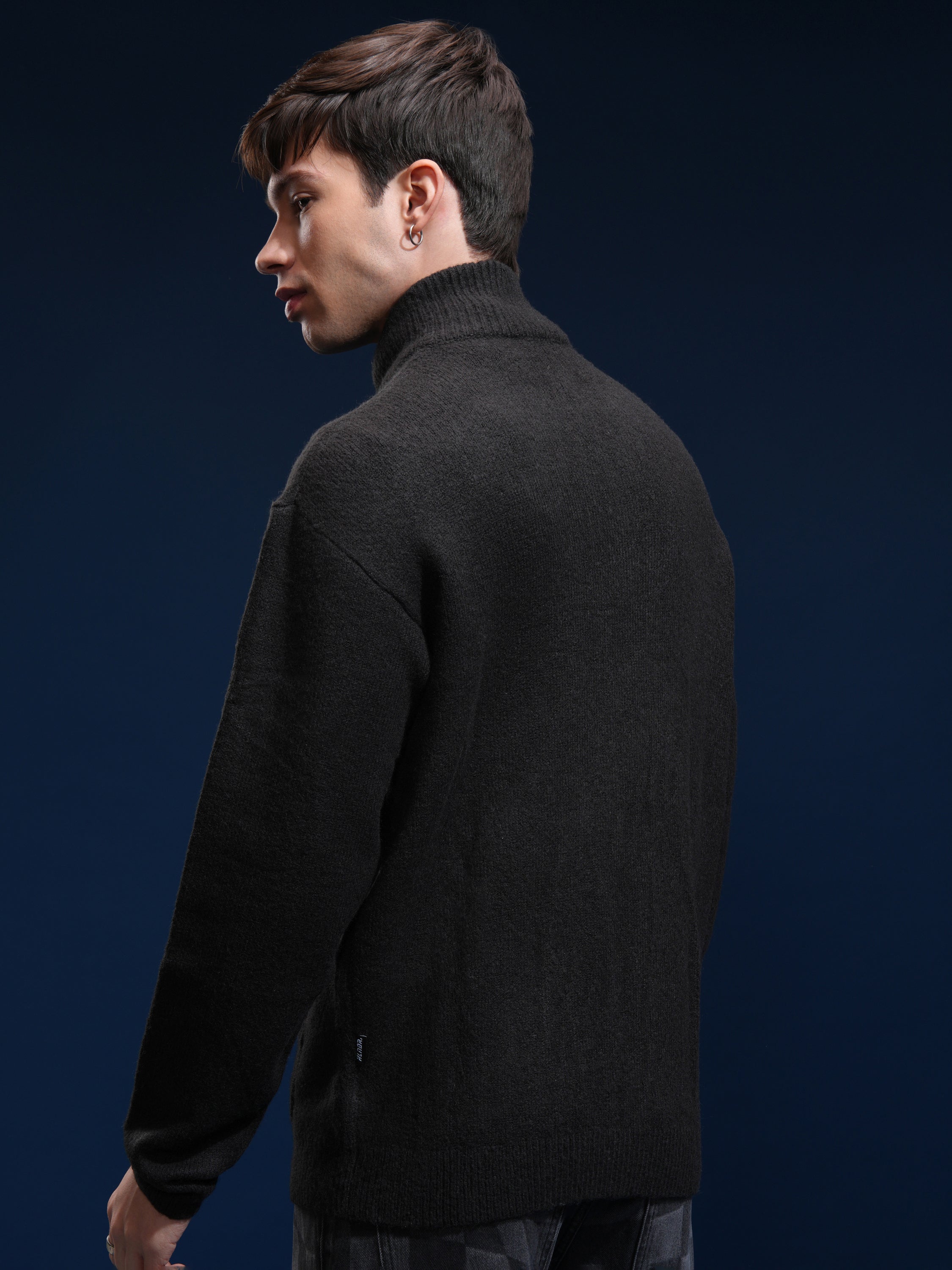 Highlander Men Black Mock Collar Front-Open Sweater - Black - Image 3