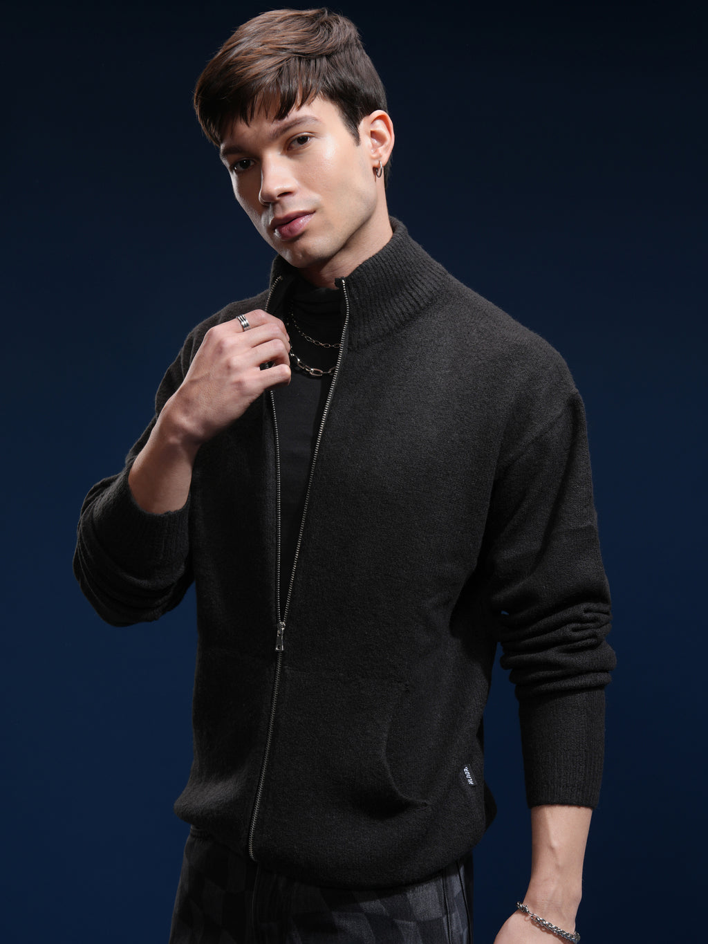 Highlander Men Black Mock Collar Front-Open Sweater - Black - Image 4