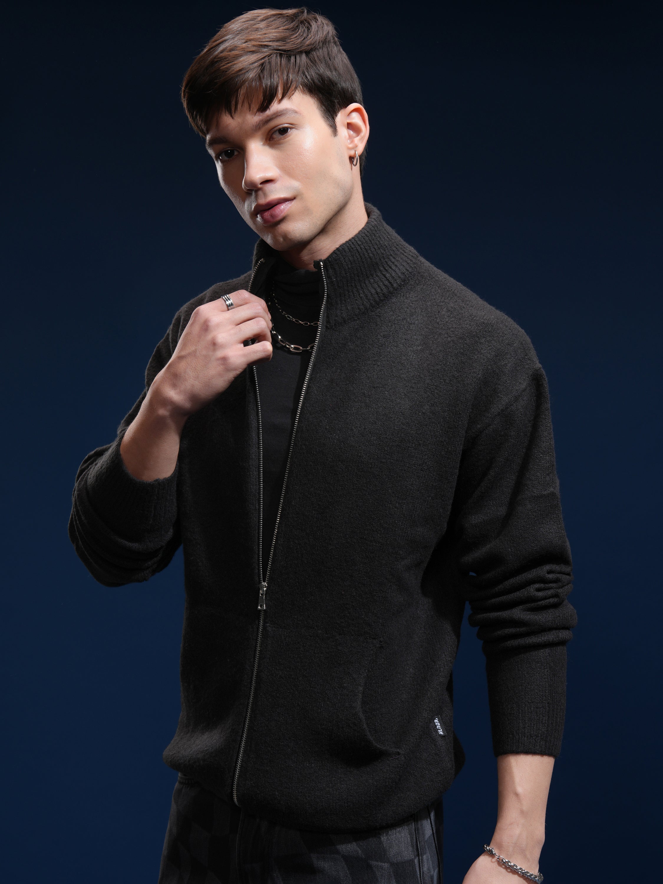 Highlander Men Black Mock Collar Front-Open Sweater - Black - Image 4