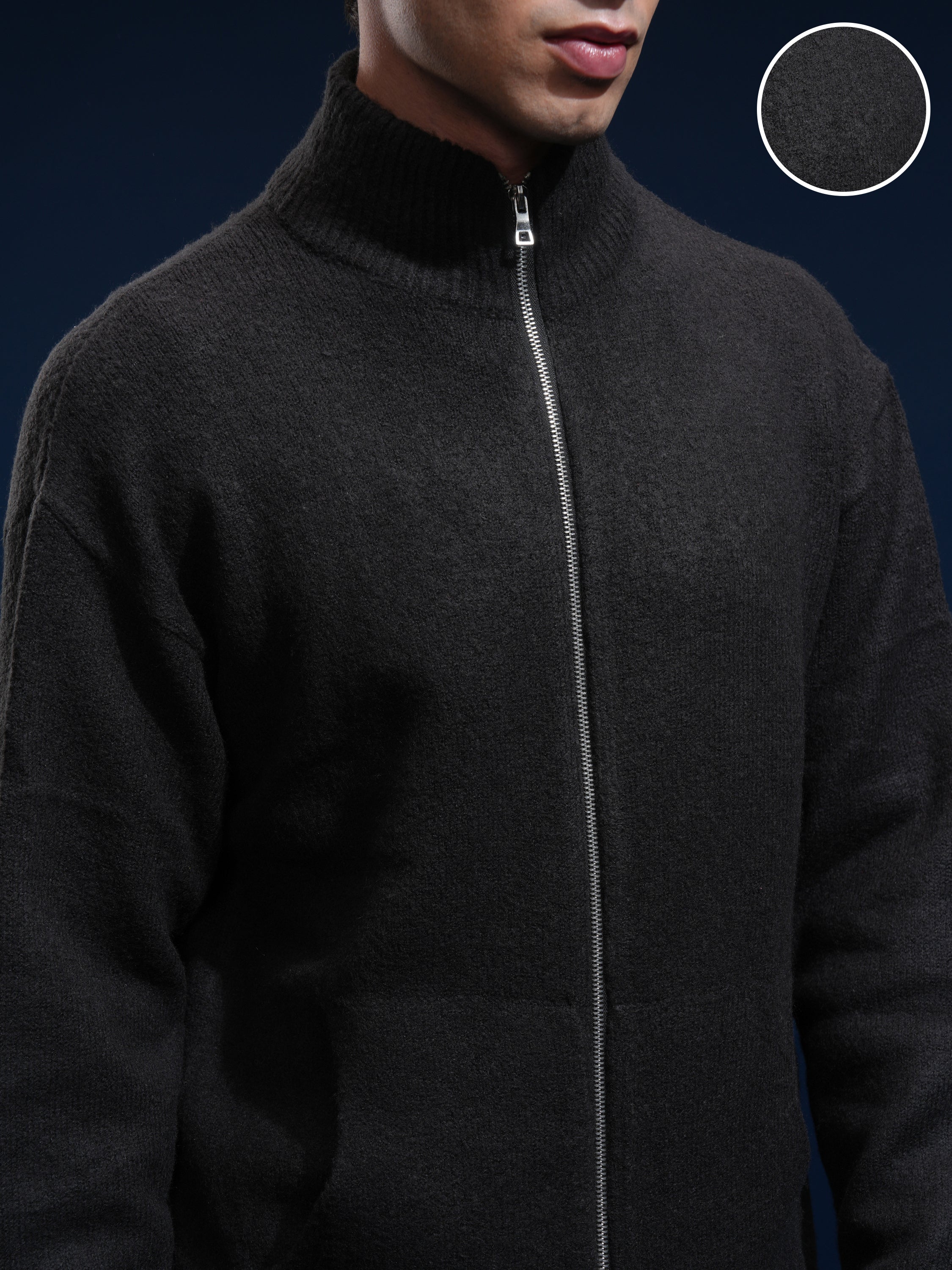 Highlander Men Black Mock Collar Front-Open Sweater - Black - Image 5