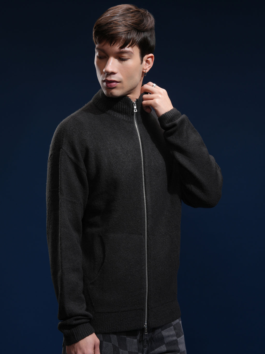 Highlander Men Black Mock Collar Front-Open Sweater - Black - Image 6
